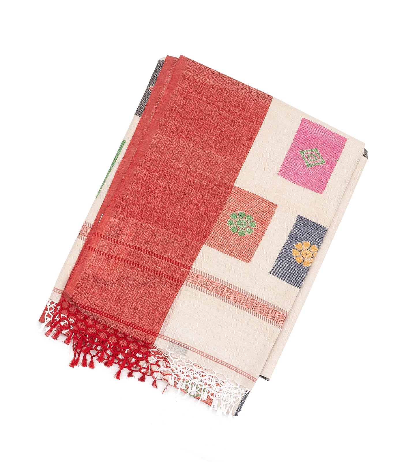 RmKV Off White Handloom Bengal Cotton Saree With Contrast Border