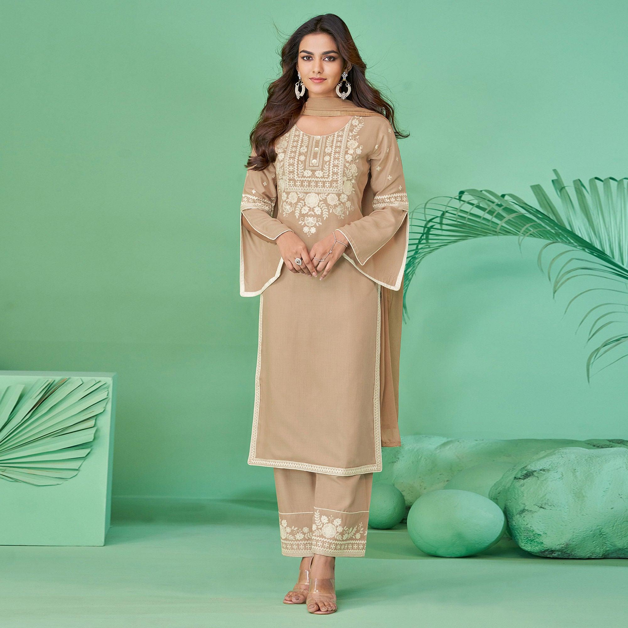 Peachmode Brown Lucknowi Embroidered Rayon Kurti Pant Set With Dupatta - view 4
