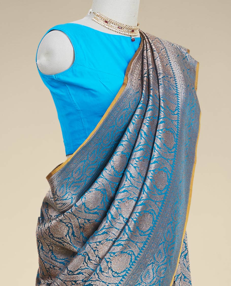 Pothys Blue jacquard banaras silk saree with self paisleys design border