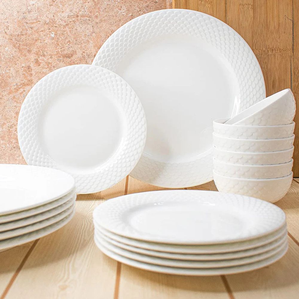 Clay Craft Ripple Ceramic Georgian Plain White Dinner Set | Set of 18 Pcs