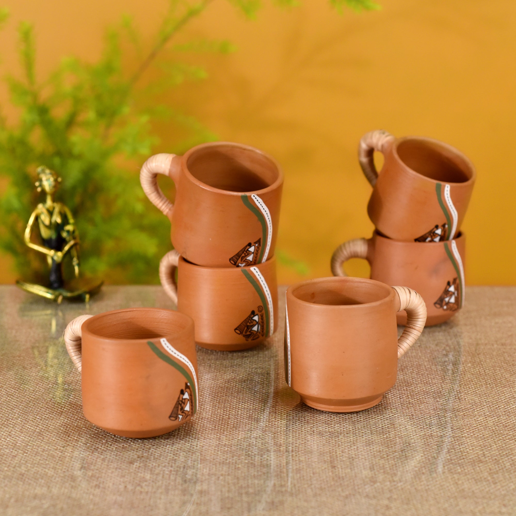 ART CREATIONS BY SUMAN SONTHALIA Brown - Knosh-J Earthen Cups with Caned Handle (Set of 6)