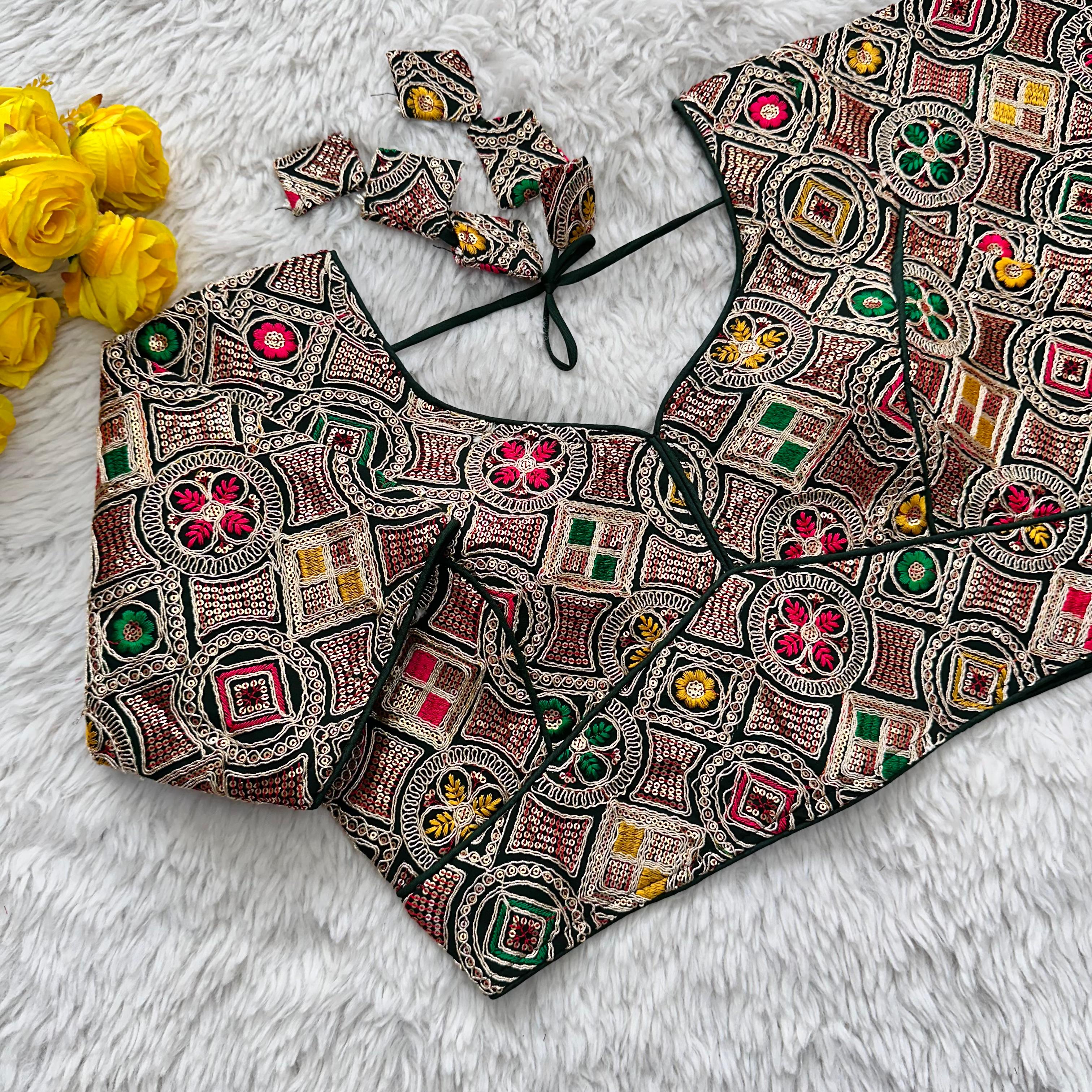 ClothsVilla Green Heavy Cording Work Pure Georgette Blouse with Multicolor Embellishments