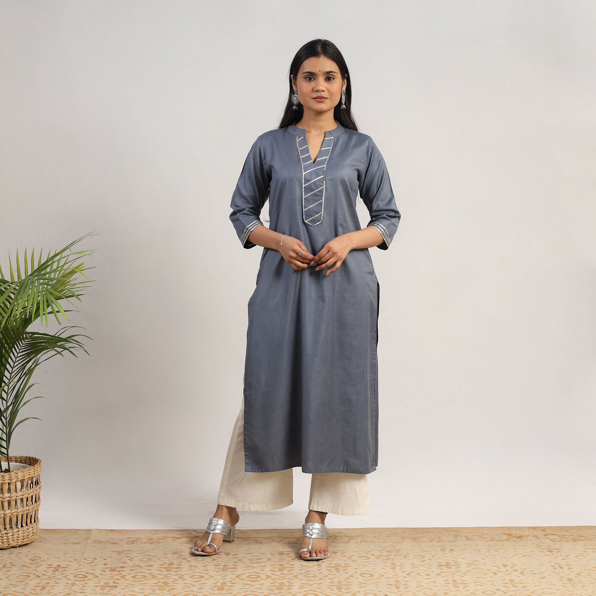 ITOKRI CASUALS Ananya Grey Linen Cotton Plain Kurta with Gota Work - view 2