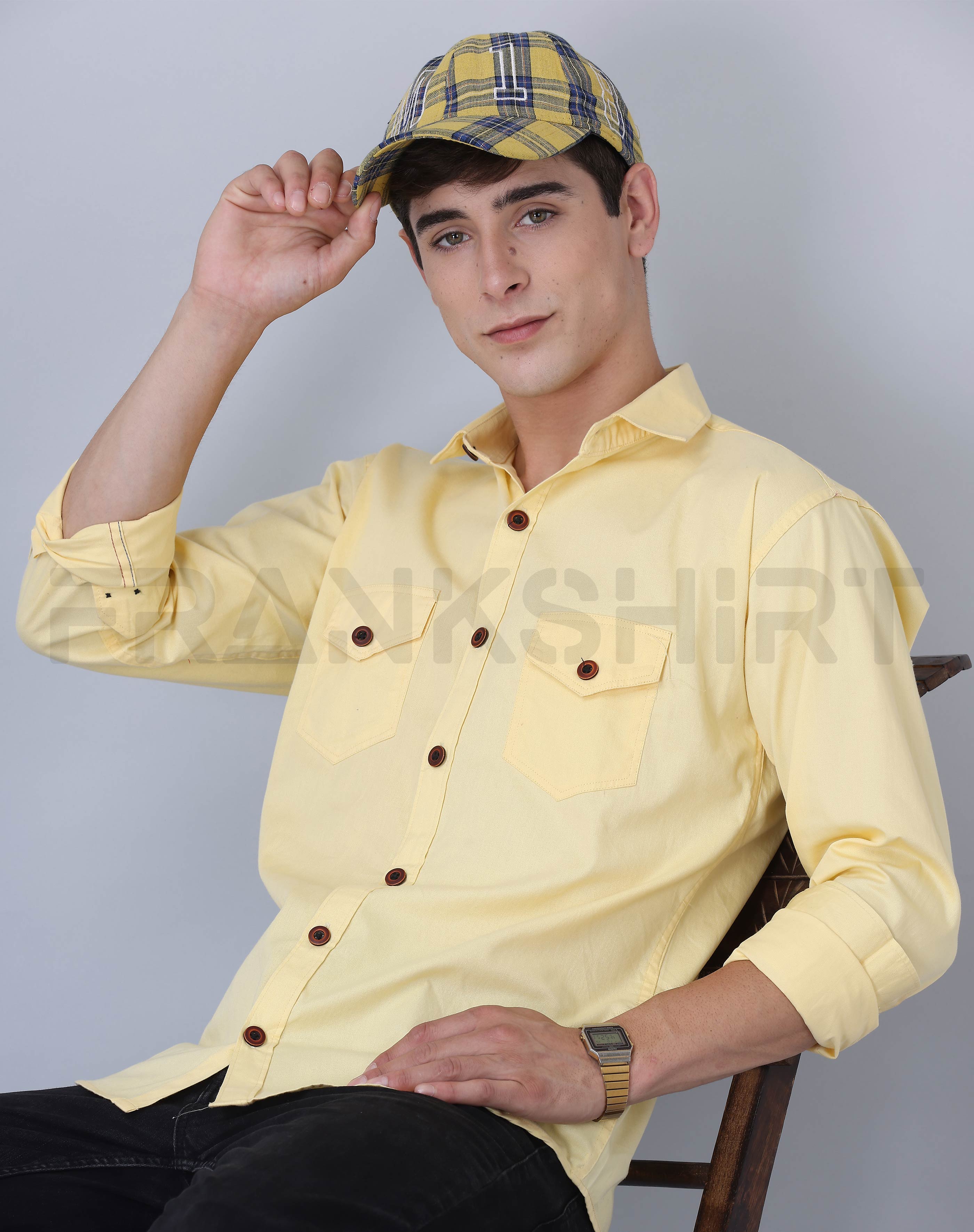 BlackTree Frankshirt Double Pocket Yellow Solid Tailored Fit Cotton Casual Shirt for Man