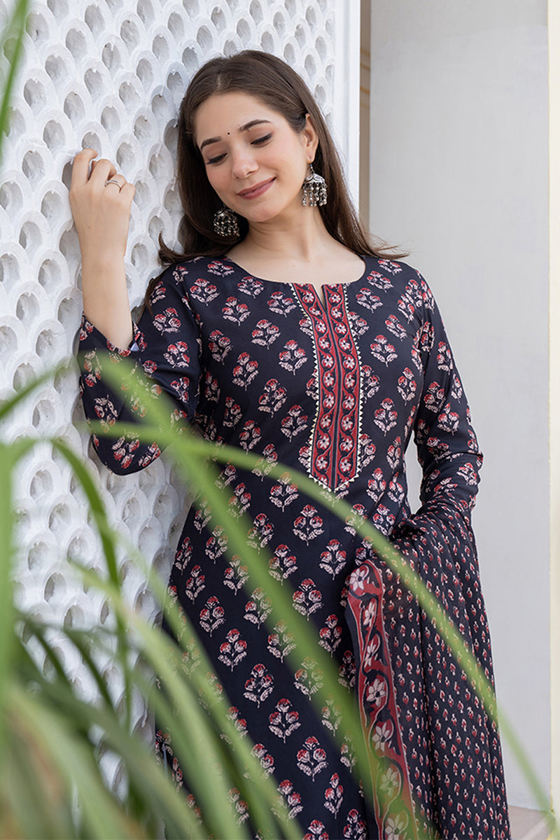 Ahika Black Rayon Blend Floral Printed Straight Trouser Bottom Suit Set VKSKD2271
