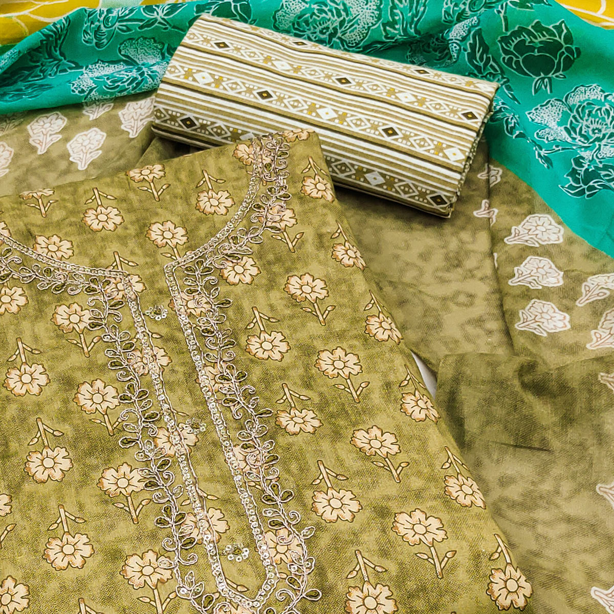 Peachmode Mehendi Green Floral Printed Pure Cotton Dress Material - view 2