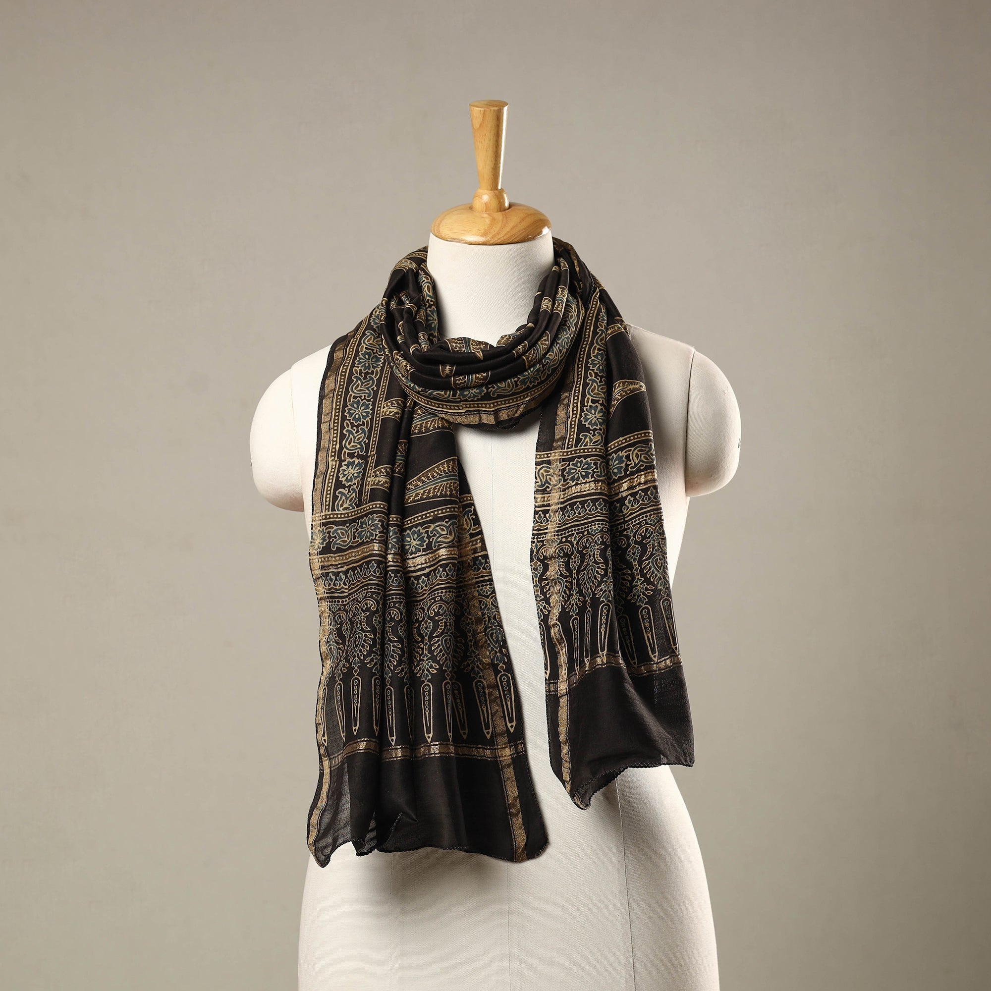RIYAZ ABDULMAJID KHATRI - AJRAKH Brown - Handloom Chanderi Silk Block Printed Ajrakh Stole 20