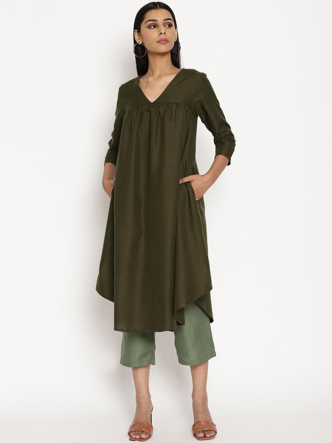 Cotton Linen Dark Green Gathered Kurta Pant Set | Relove - view 2