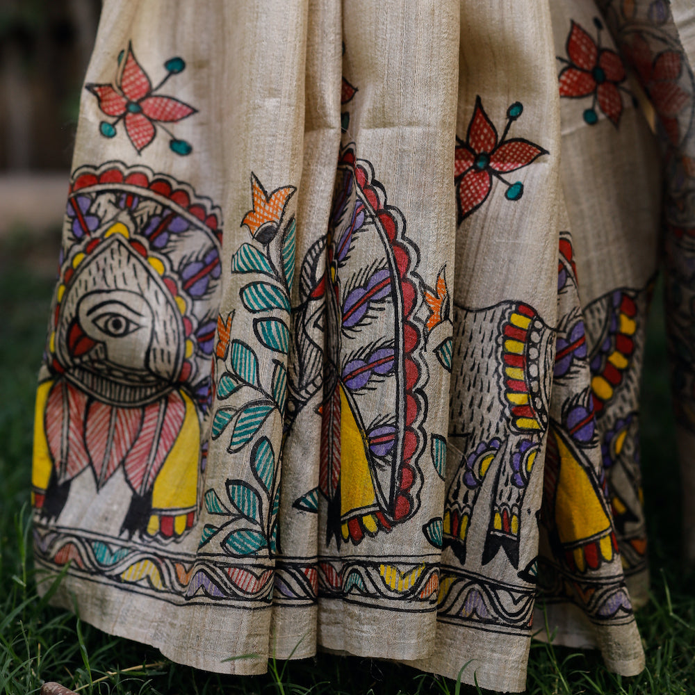 DIORAMA DESIGNS Beige - Madhubani Hand-Painted Krishna Raas Tussar Silk Saree - view 8