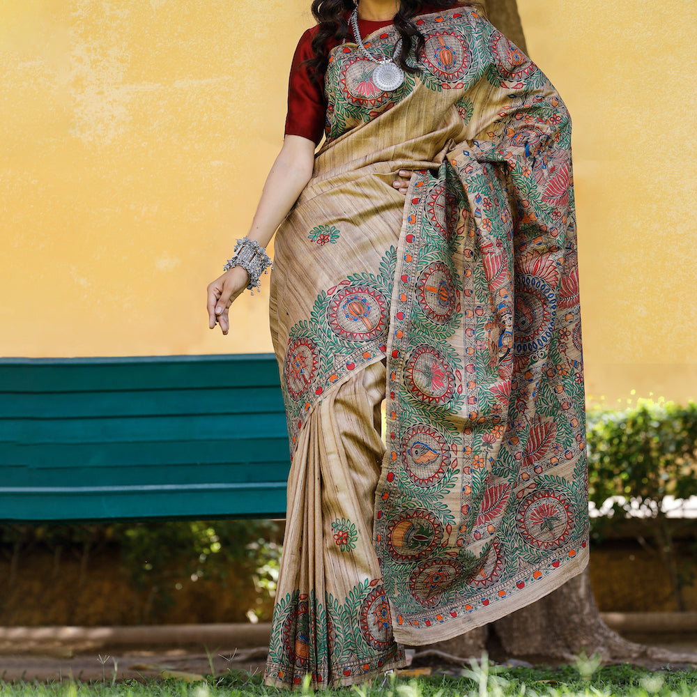 DIORAMA DESIGNS Brown - Madhubani Hand-Painted Durga Incarnations Tussar Ghicha Silk Saree - view 4