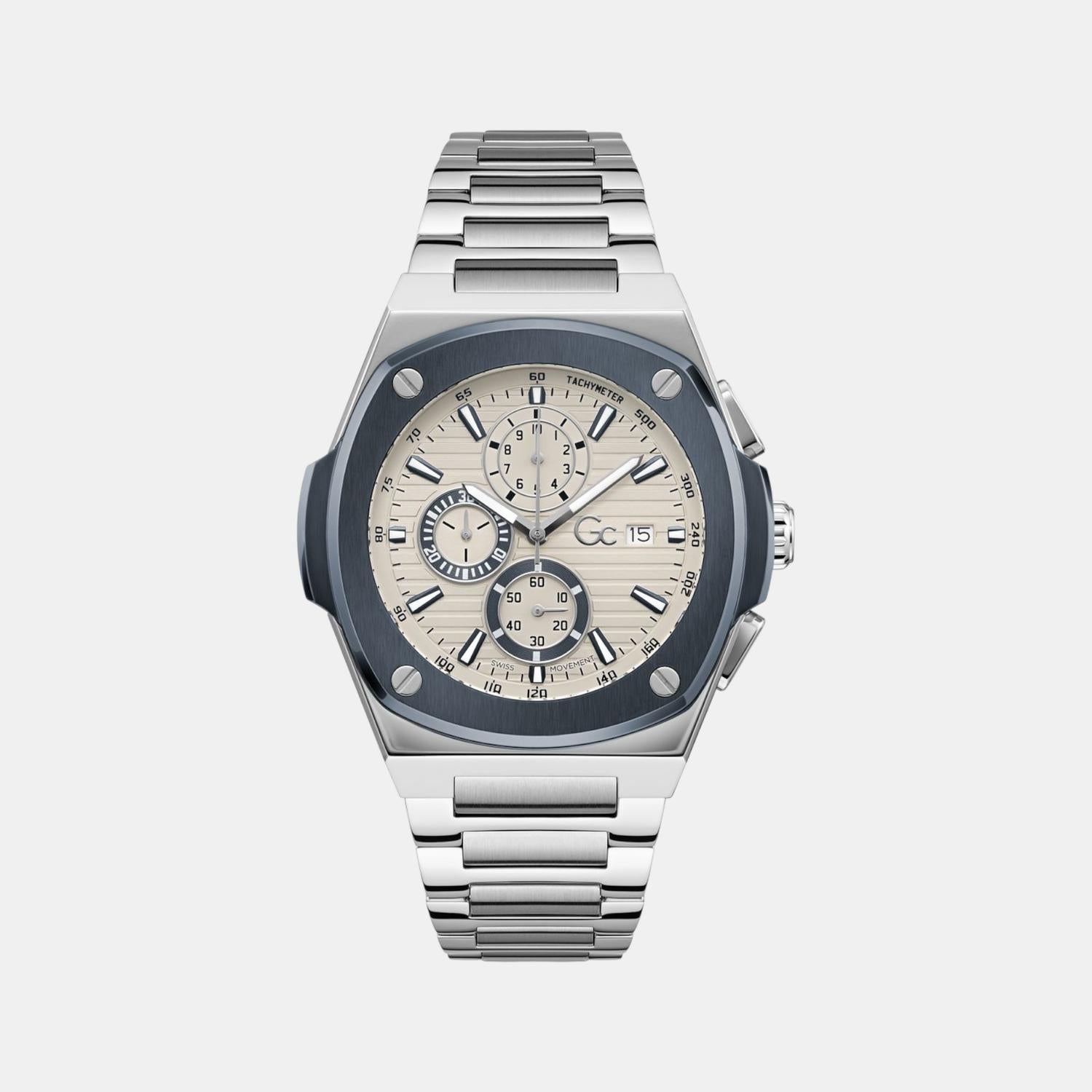 GC Coussin Shape Men Quartz Beige Dial Chronograph Stainless Steel Watch Y99023G1