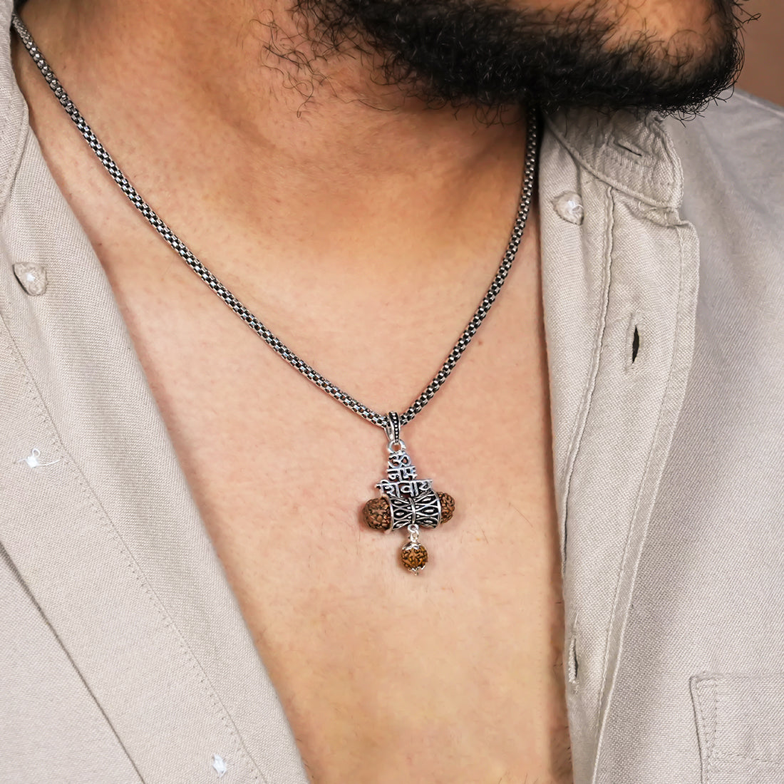 Prinjal Jewellers Rudraksha Om Namah Shivay Damru Pendant with Silver Chain - view 2