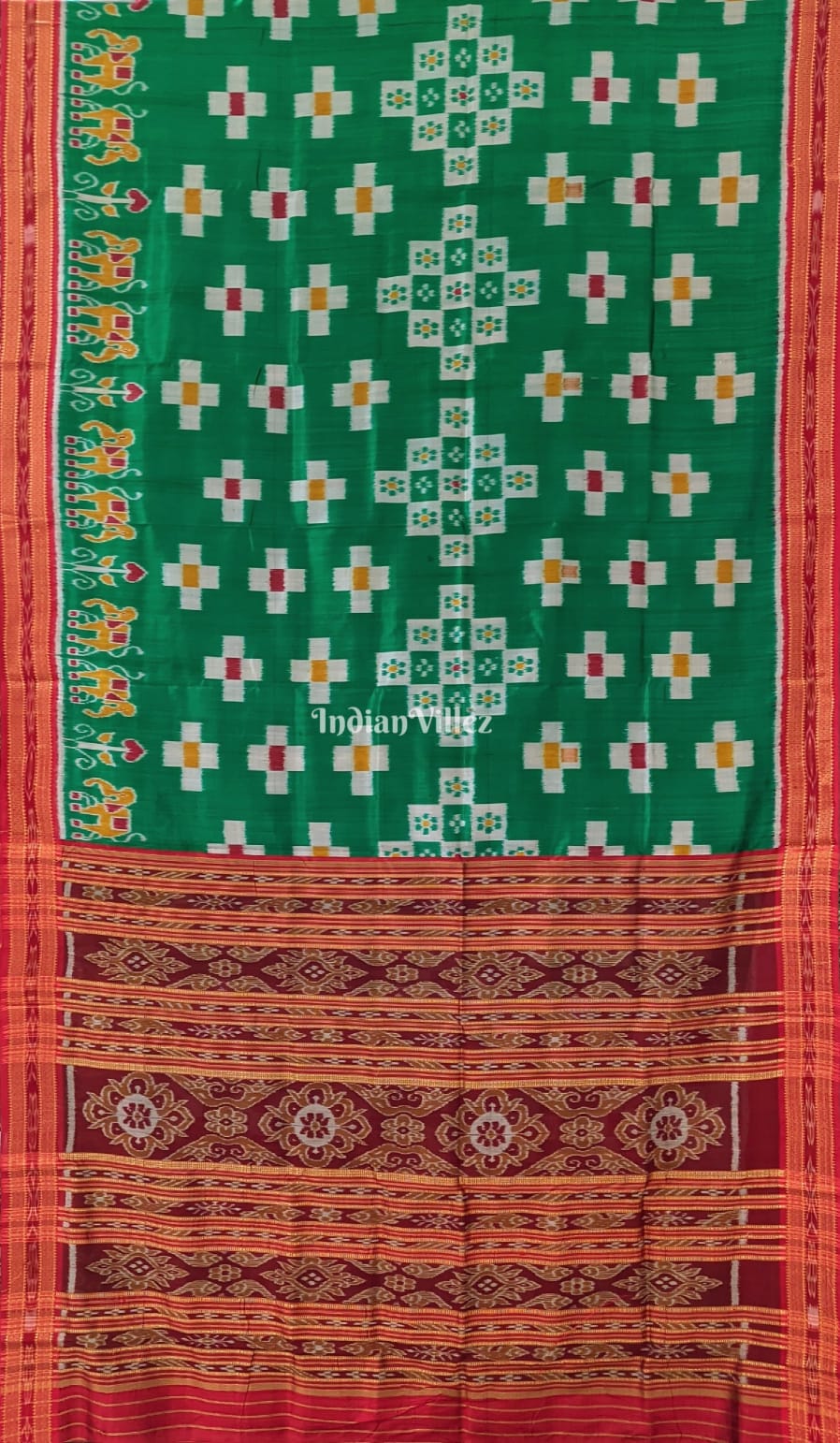 IndianVillèz Green Pasapali Odisha Ikat Khandua Silk Saree