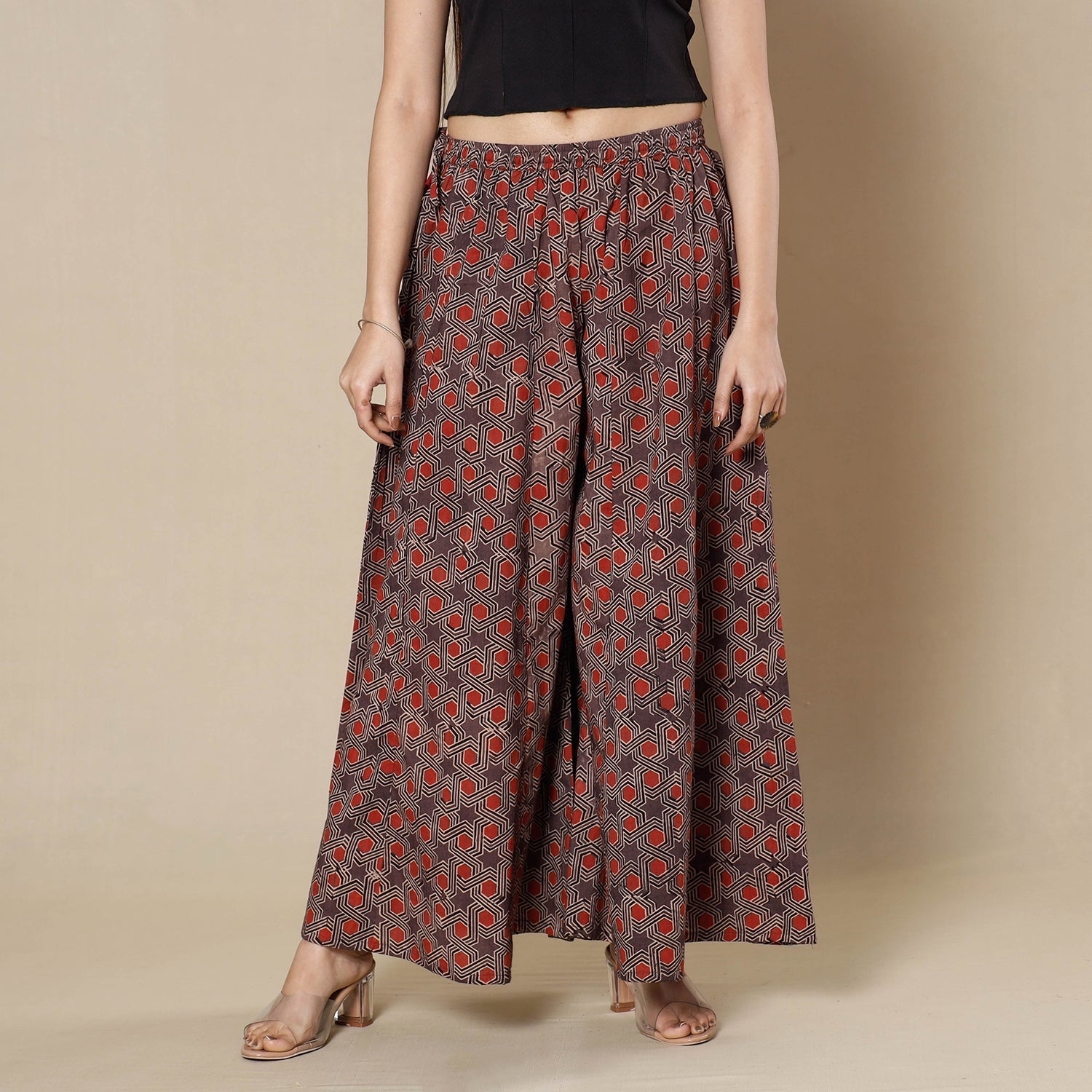 ITOKRI CASUALS Brown - Ajrakh Block Printing Cotton Flared Palazzo