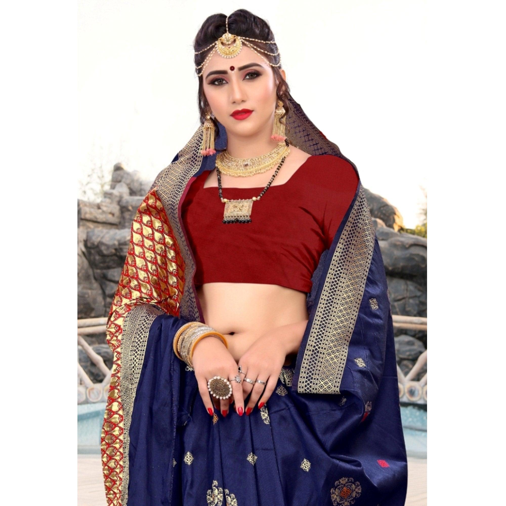 Peachmode Desirable Navy Blue Colored Festive Wear Woven Lichi Silk Saree - view 2