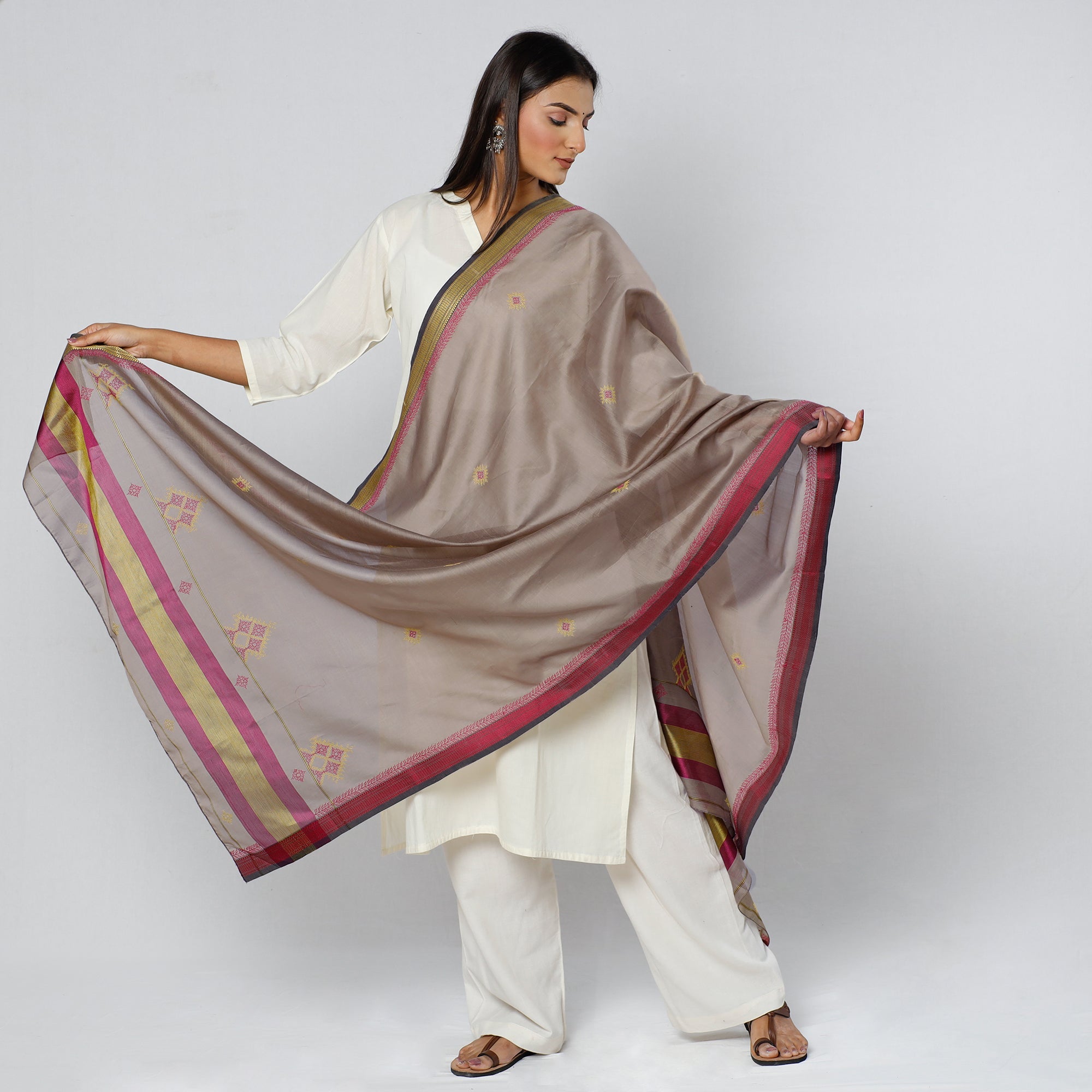 ITOKRI CRAFTS INITIATIVE Brown - Gavanti Kasuti Embroidery Handloom Maheshwari Silk Dupatta