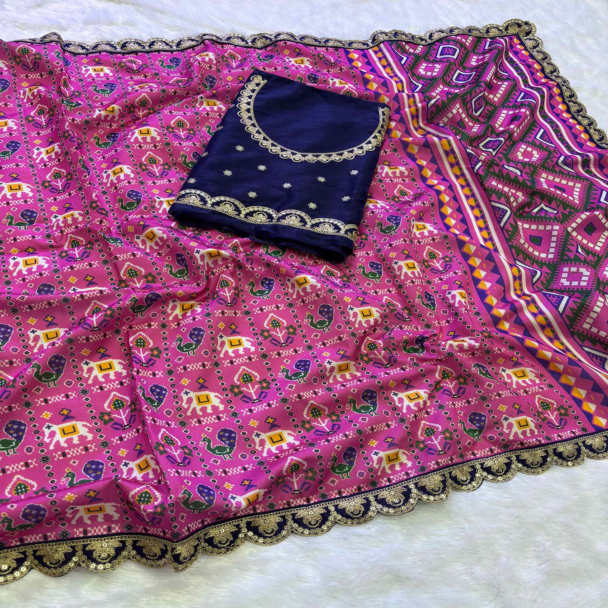 Peachmode Pink Printed Patola Tussar Silk Saree