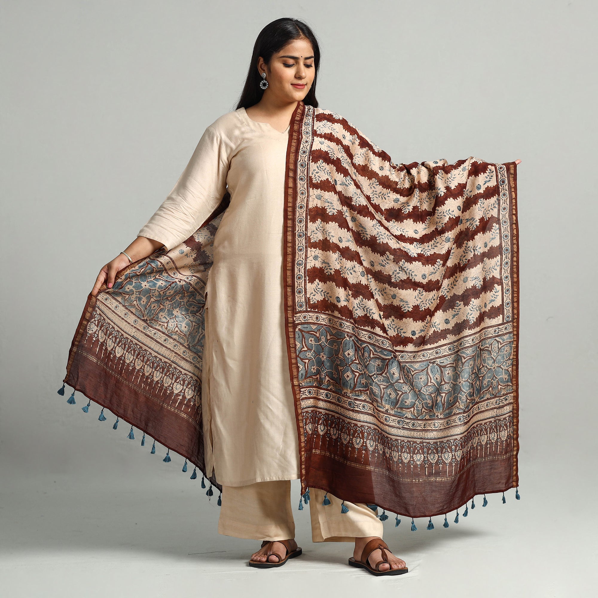 AJRAKH BY SUFIYAN ISMAIL KHATRI Brown - Block Printed Chanderi Silk Handloom Ajrakh Dupatta 10