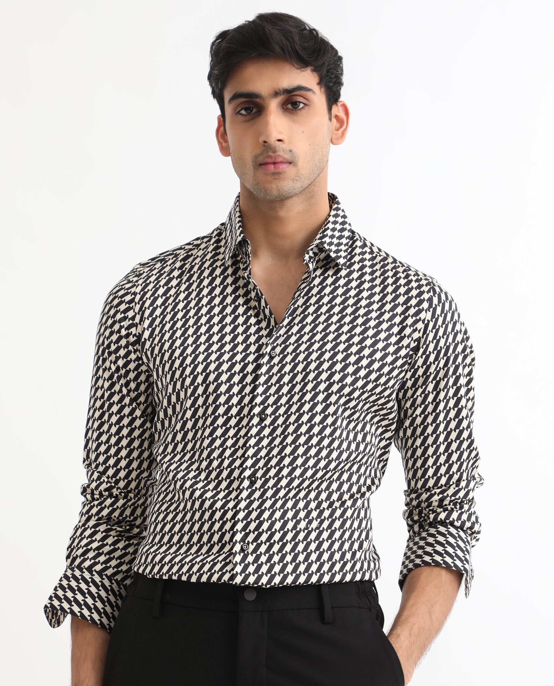 Rare Rabbit Men's Allin Black Cotton Modal Fabric Geometric Print Full Sleeves Shirt - view 5