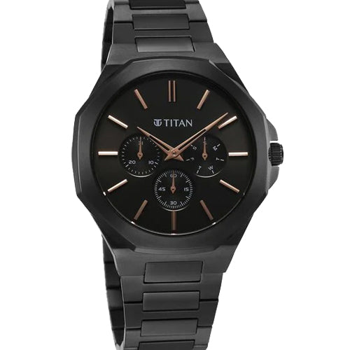 Titan Classic Slim Multifunction Quartz Multifunction Black Dial Stainless Steel Strap Watch For Men 43.5mm NT90198NM01