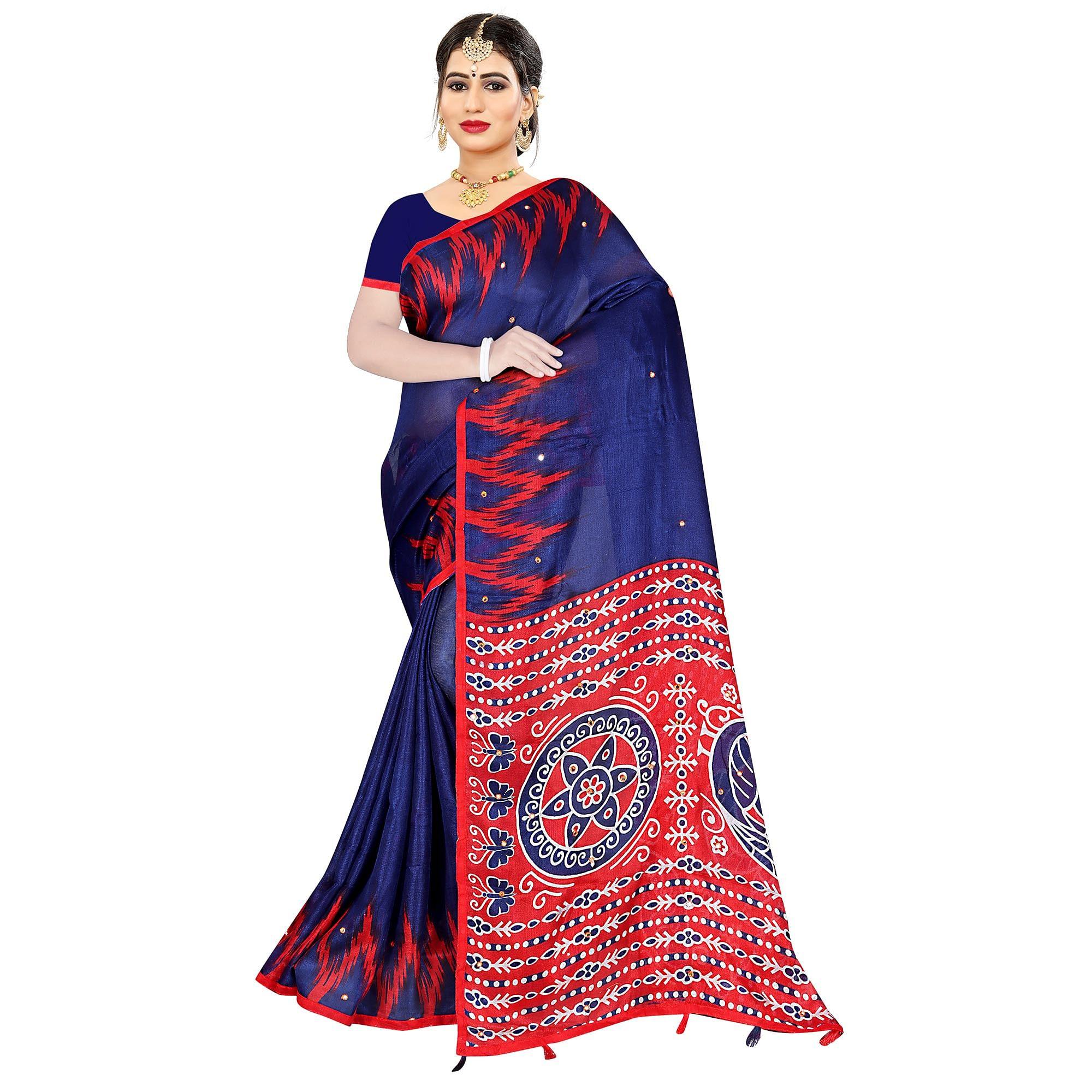 Peachmode Dazzling Blue Coloured Casual Wear Printed Cotton Jute Saree