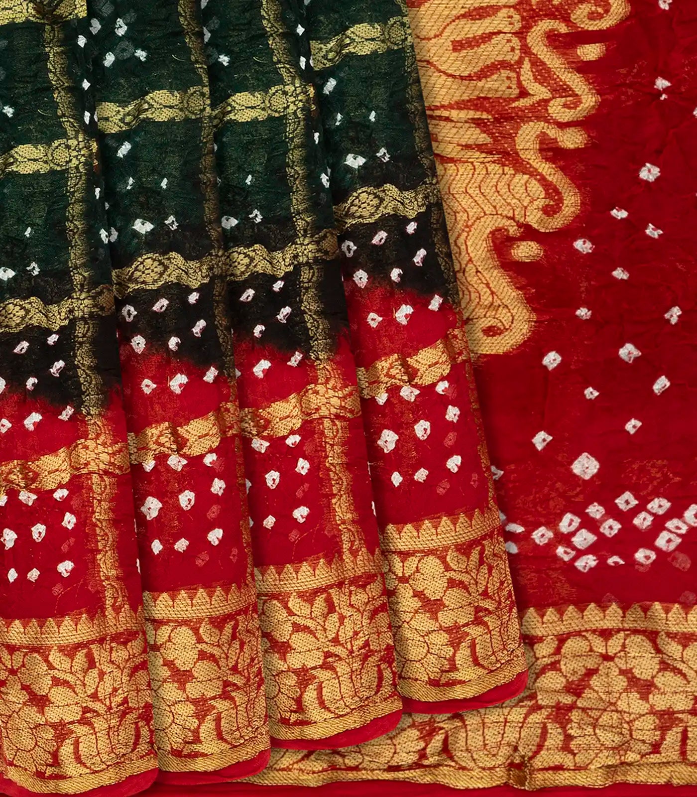 RmKV Dark Green Woven Blended Bandhej Saree With Checks-Dark Green