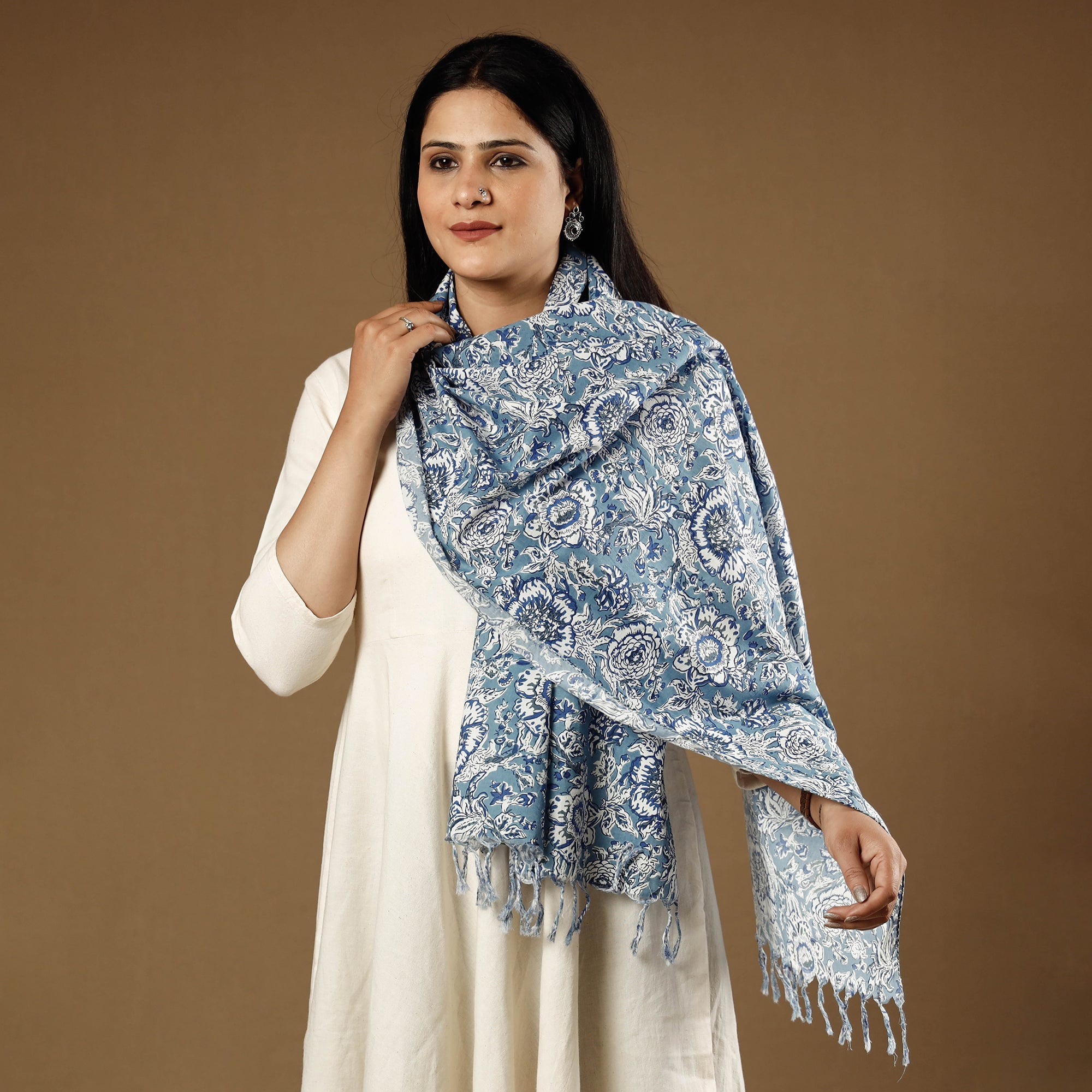 HAVELI CHRONICLES Blue - Sanganeri Block Print Cotton Stole with Tassels 07