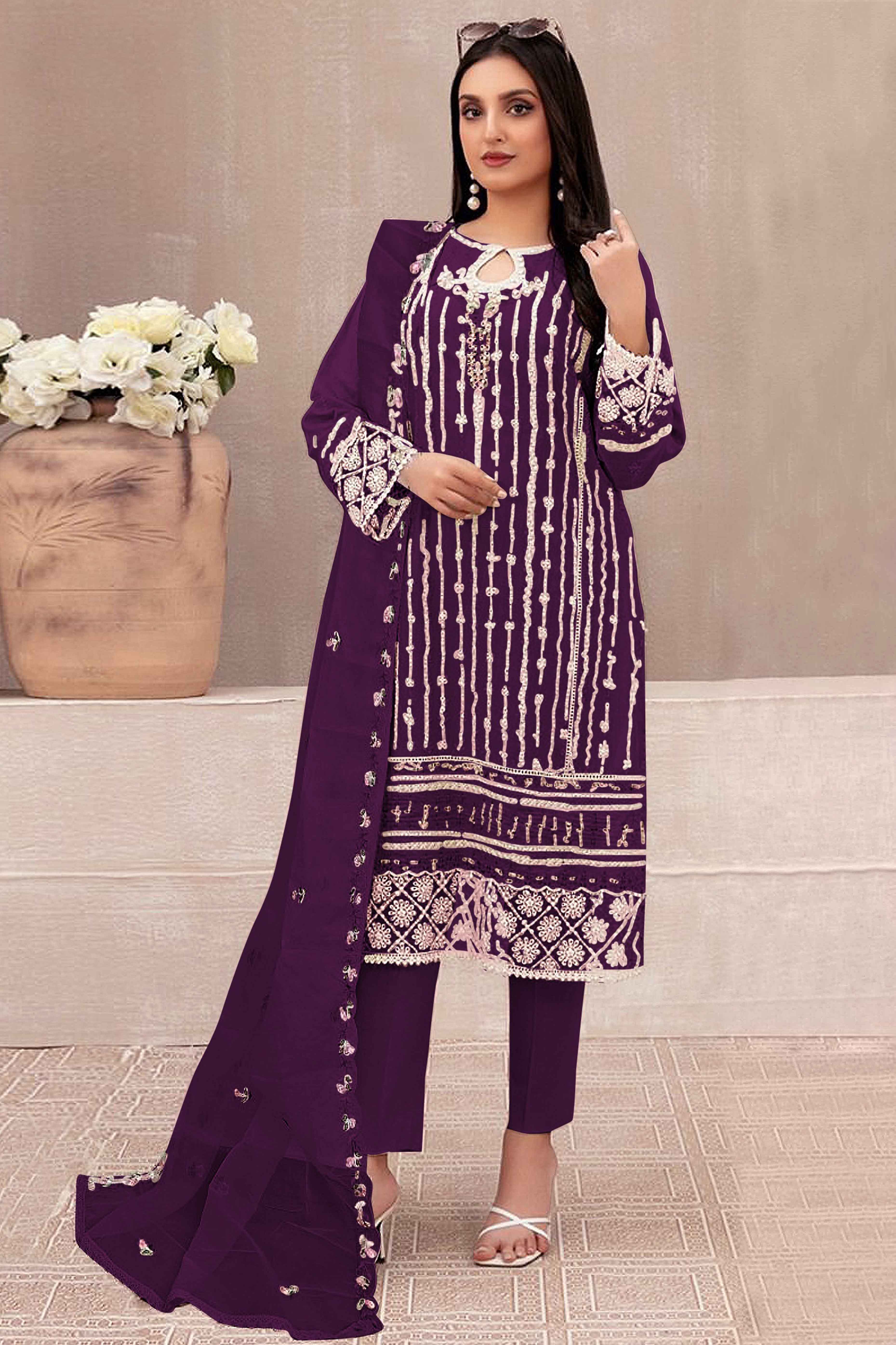 Peachmode Dark Purple Floral Embroidered Georgette Semi Stitched Pakistani Suit