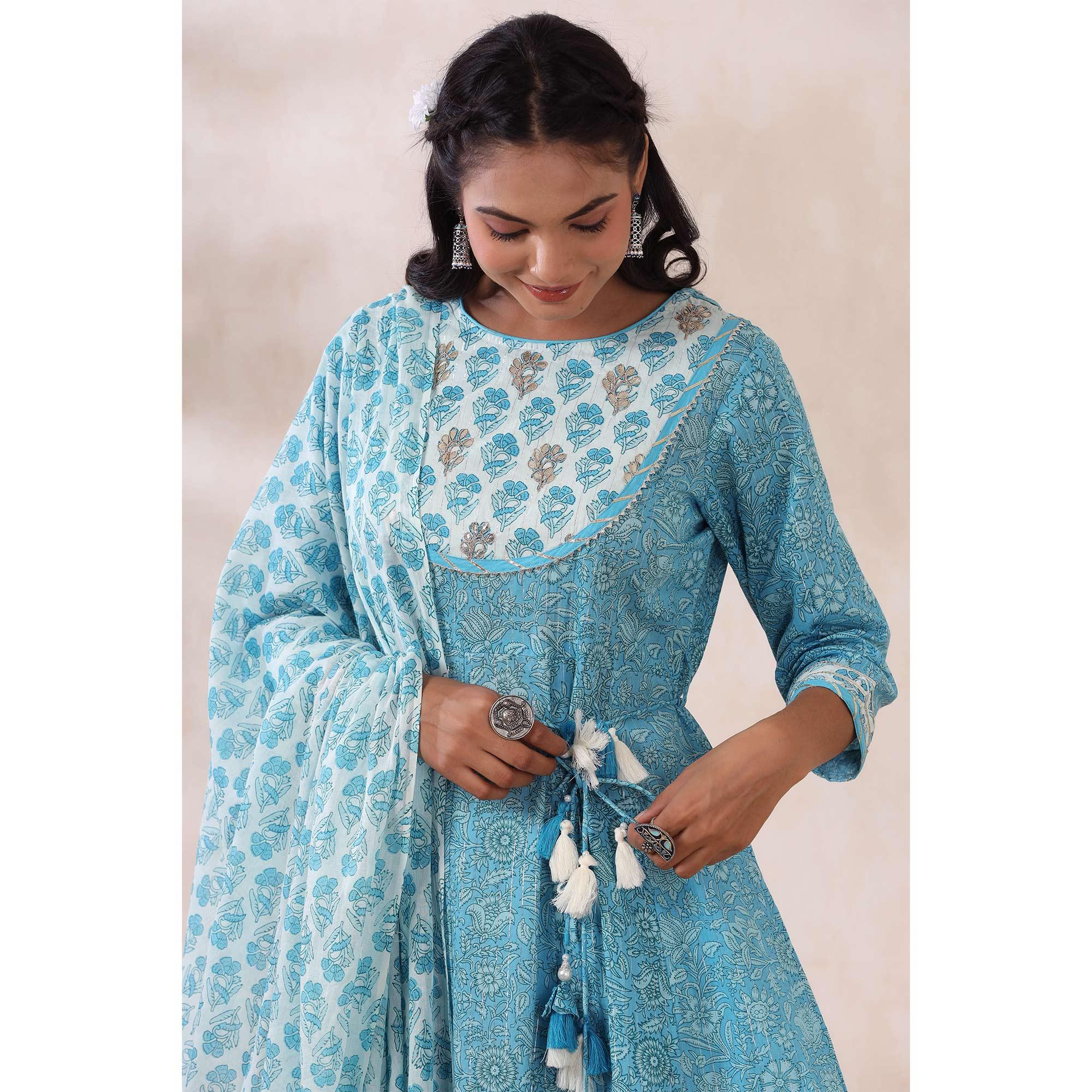 Peachmode Light Blue Printed Pure Cotton Anarkali Suit - view 7