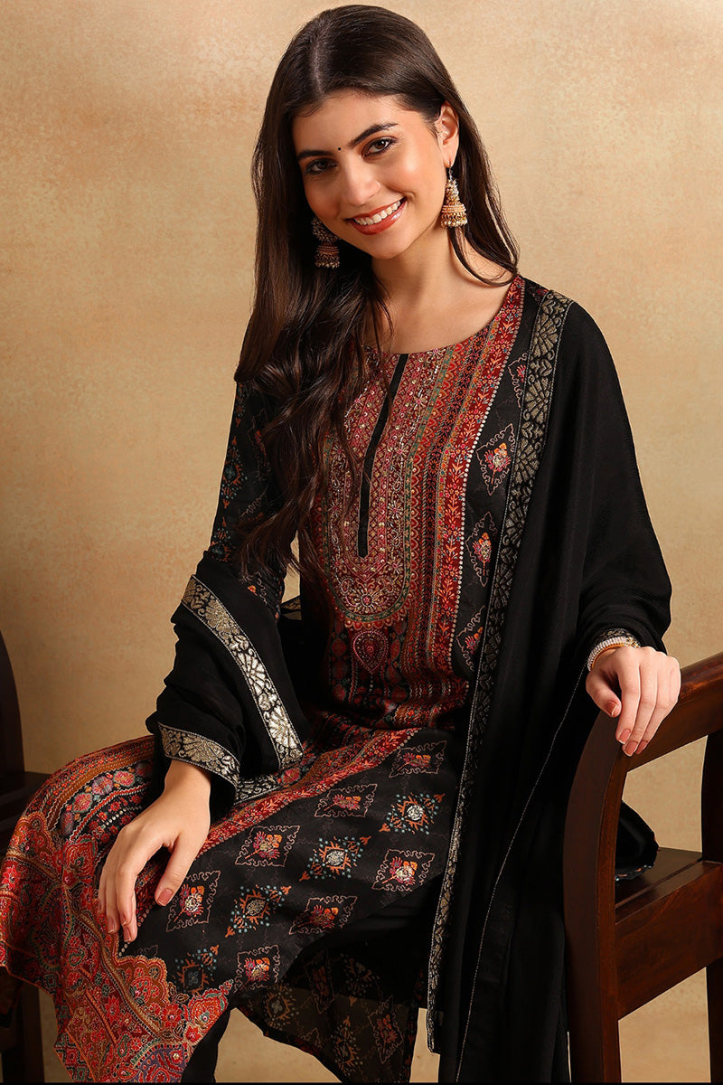 Ahika Black Chanderi Ethnic Motifs Woven Design Straight Trouser Suit Set PKSKD2657