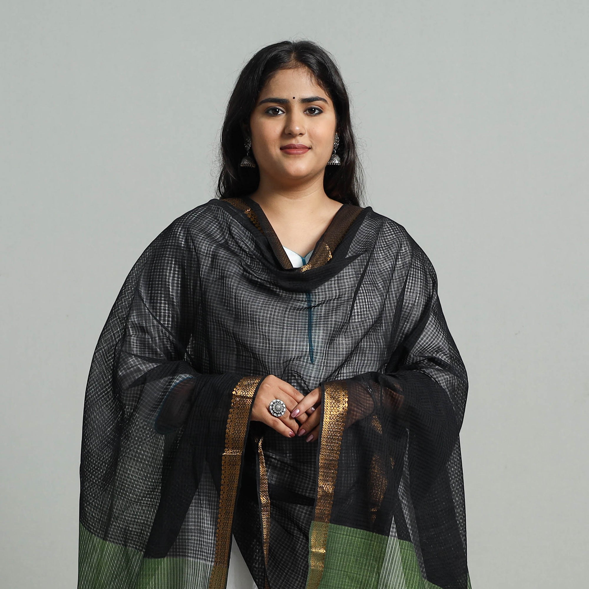 SOUTH KARGHA Black - Handloom Cotton Nizam Zari Border Mangalagiri Dupatta 01 - view 3