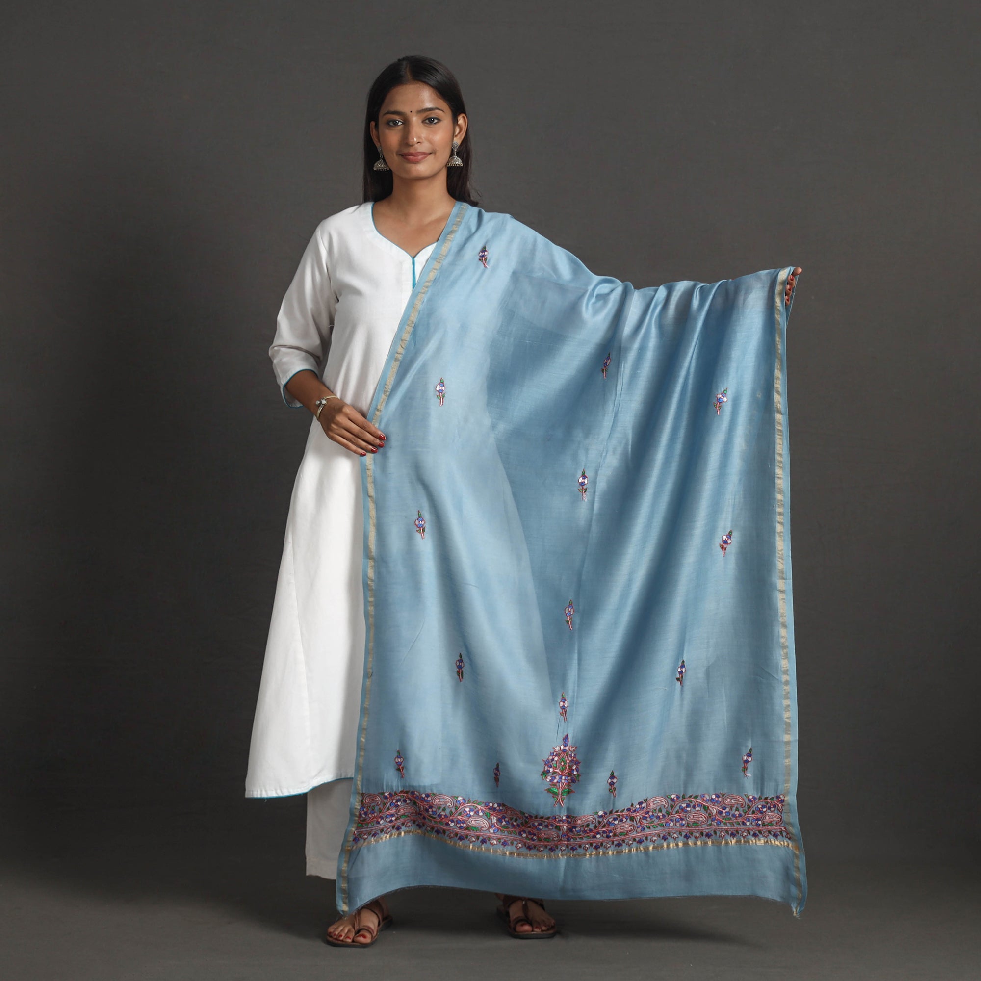 ITOKRI CRAFTS INITIATIVE Handloom Chanderi Silk Kashida Embroidery Dupatta 12