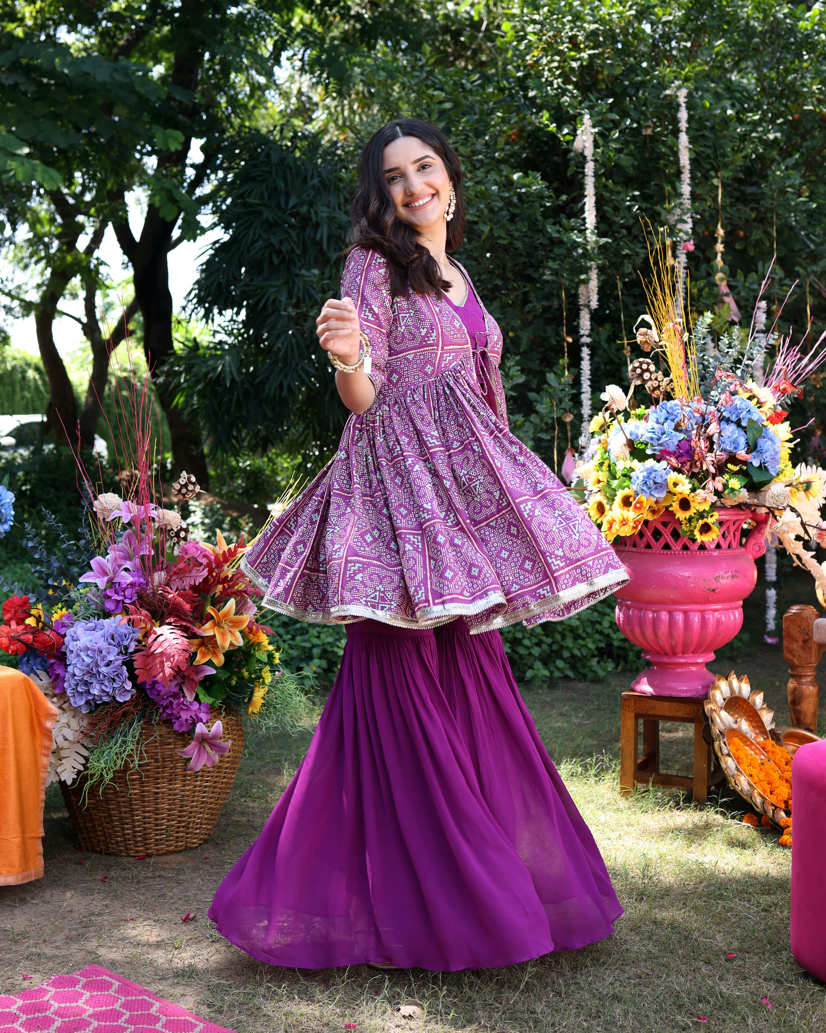Aachho Geometric Purple Elegance Printed Satin Sharara Set - view 2