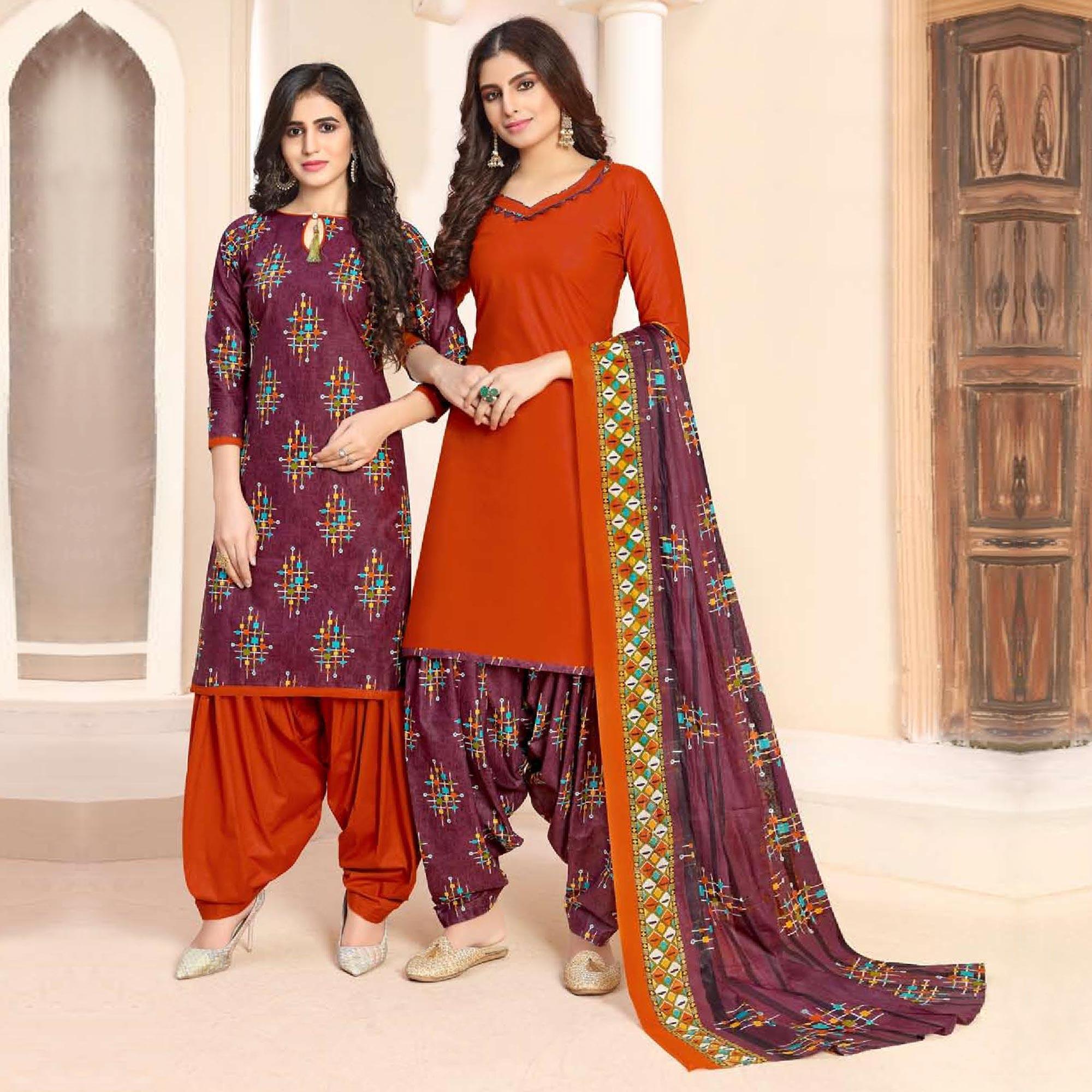 Peachmode Lovely Purple - Orange Colored Colored Casual Wear Printed Cotton Patiala Dress Material