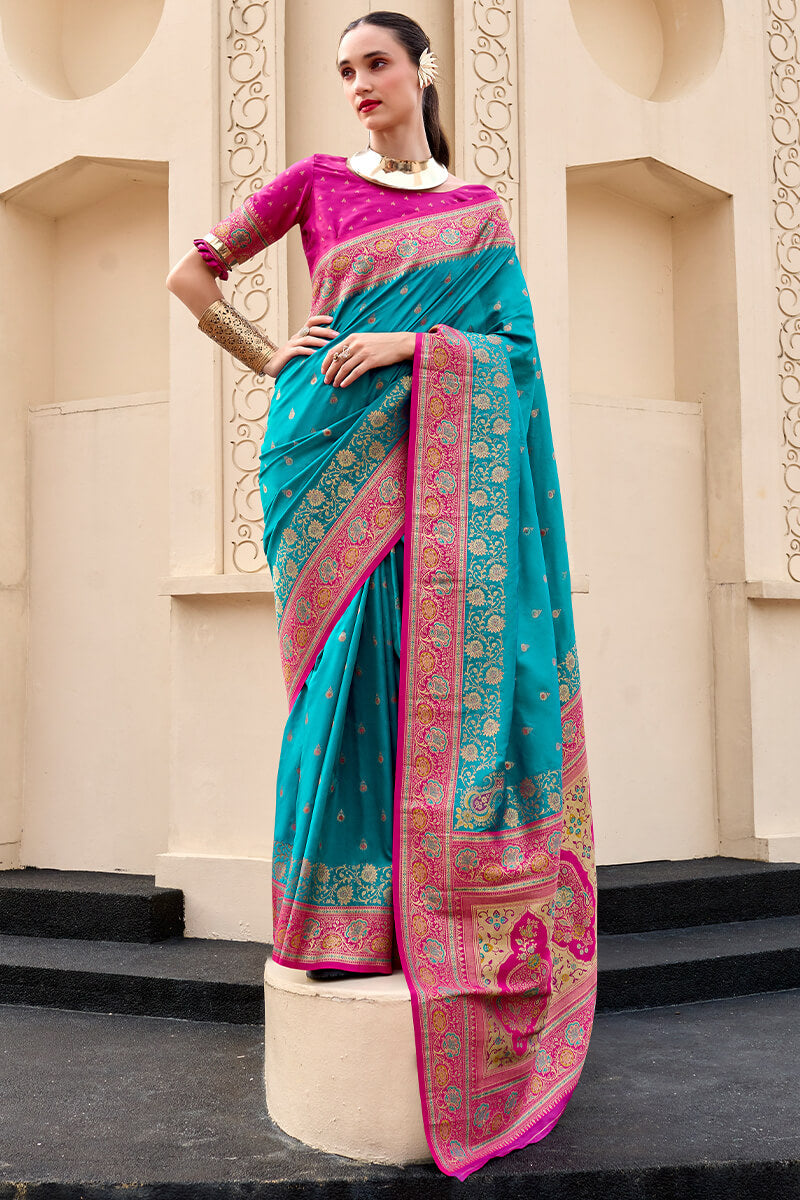 Rajpath Mellifluous Firozi Soft Banarasi Silk Saree With Glittering Blouse Piece
