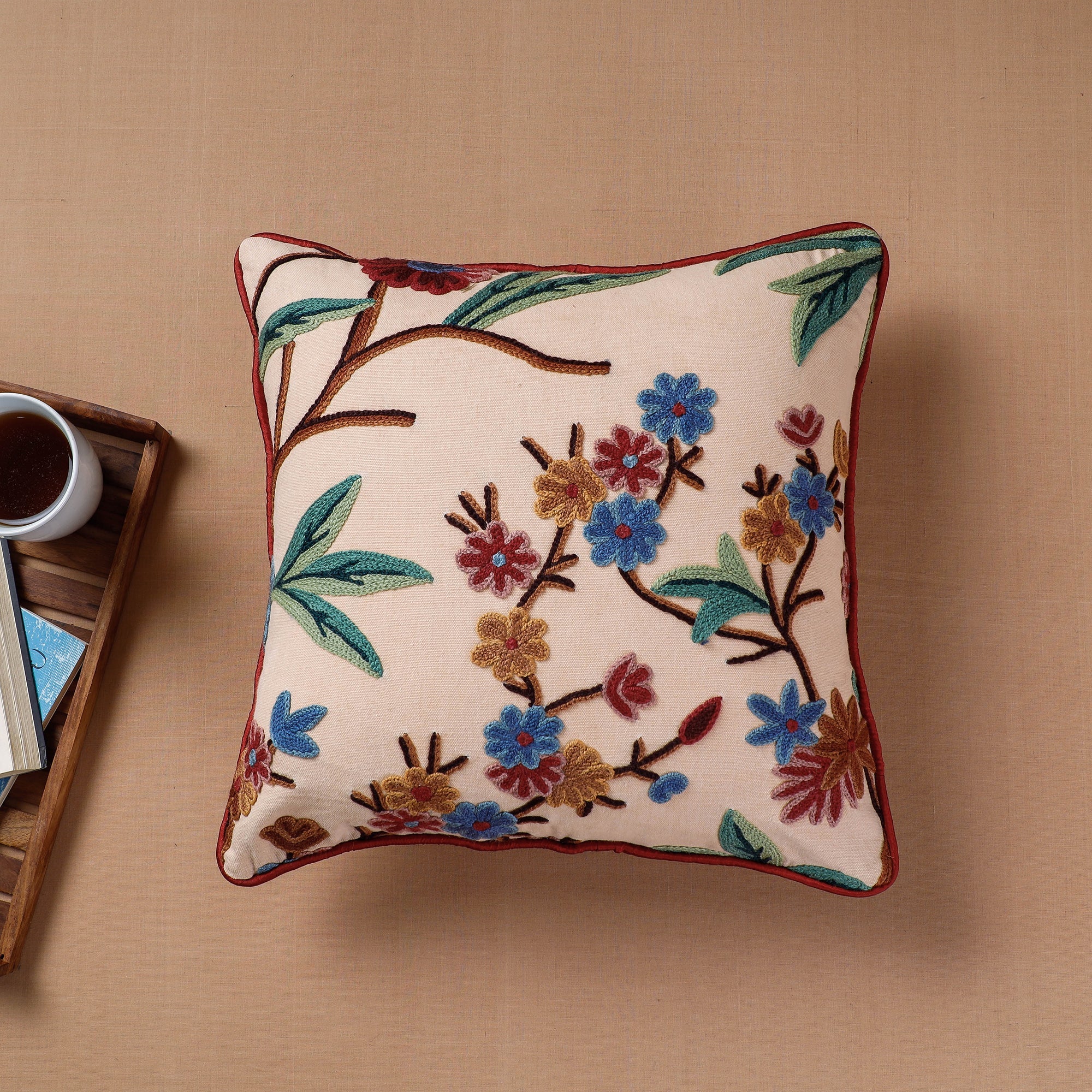 ITOKRI CRAFTS INITIATIVE Beige - Aari Hand Embroidery Cotton Duck Cushion Cover (16 x 16 in)