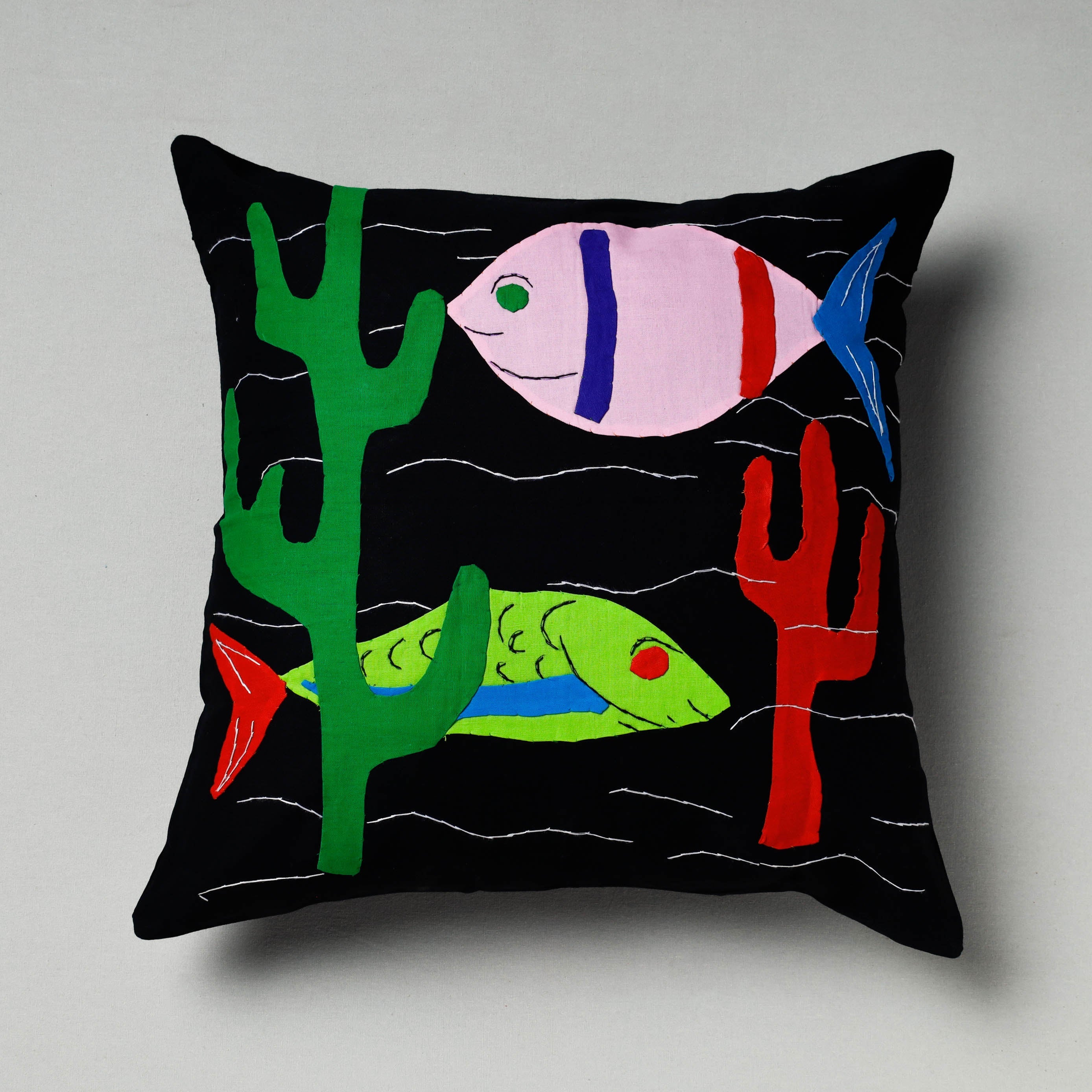 ASHOKA ASSEMBLE - CELEBRATING CRAFTS OF ODISHA Black - Pipli Applique Work Cotton Cushion Cover (16 x 16 in)