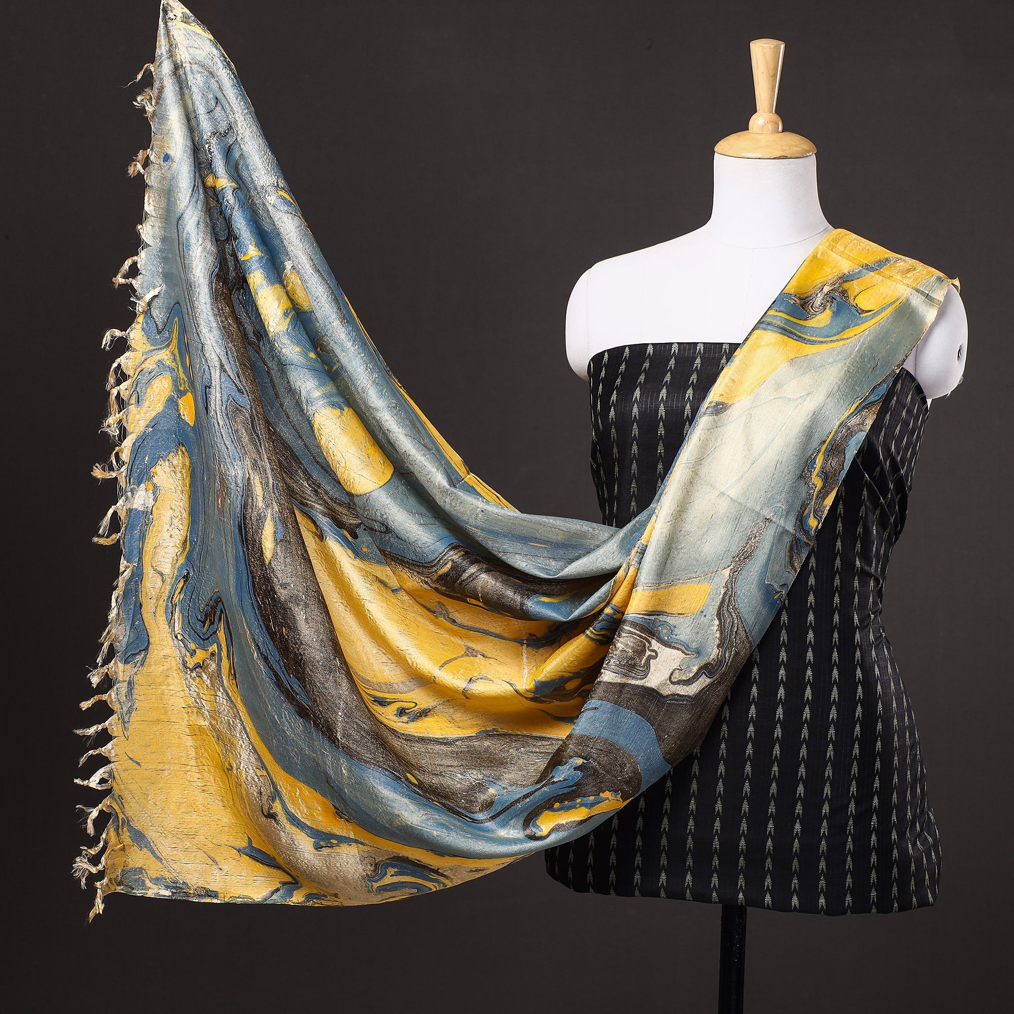 RUISA Black - 3pc Handloom Mulberry Suit Material Set with Banana Silk Marble Printed Dupatta