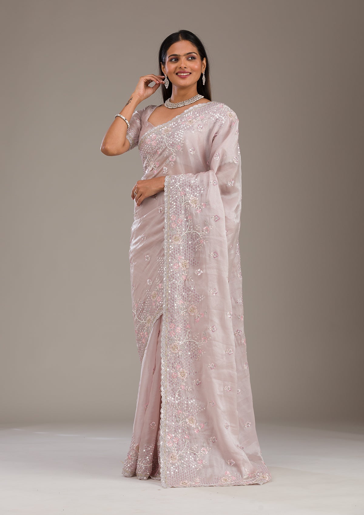Koskii Light Grey Sequins Tissue Saree – Women's - view 8