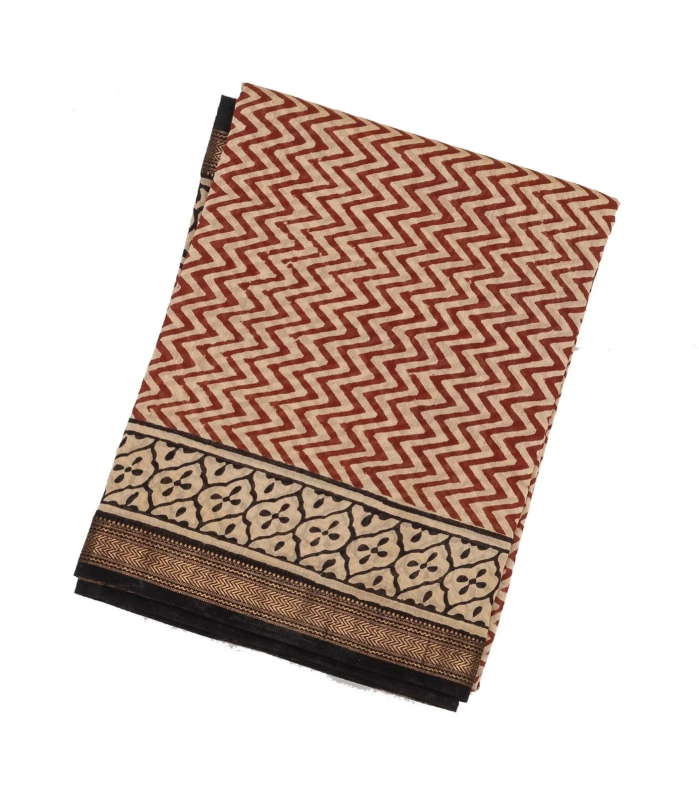 RmKV Rust Handloom Chanderi Cotton Saree With Printed Chevron Motifs