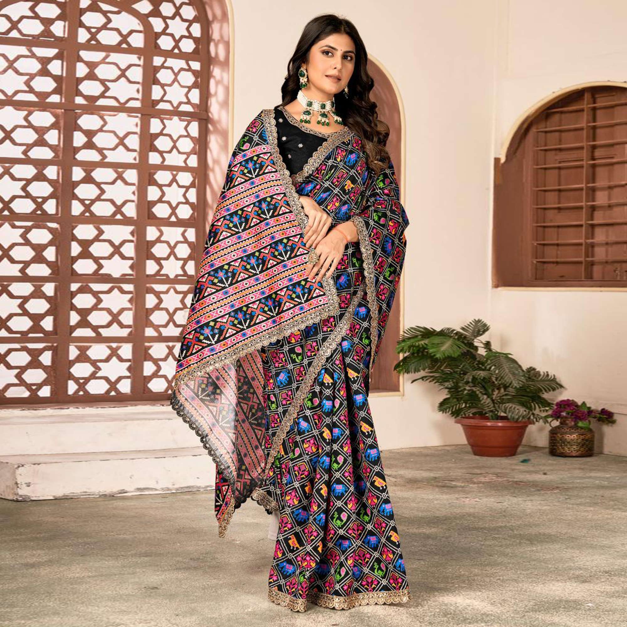 Peachmode Black Printed Patola Tussar Silk Saree - view 3