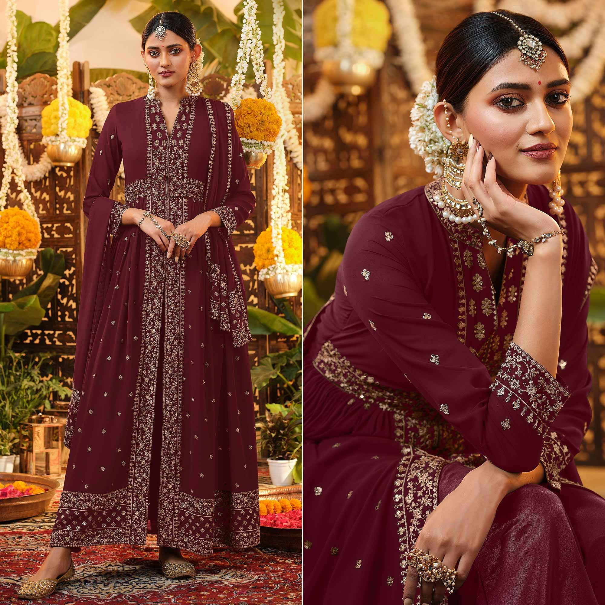 Peachmode Maroon Embroidered Georgette Anarkali Suit