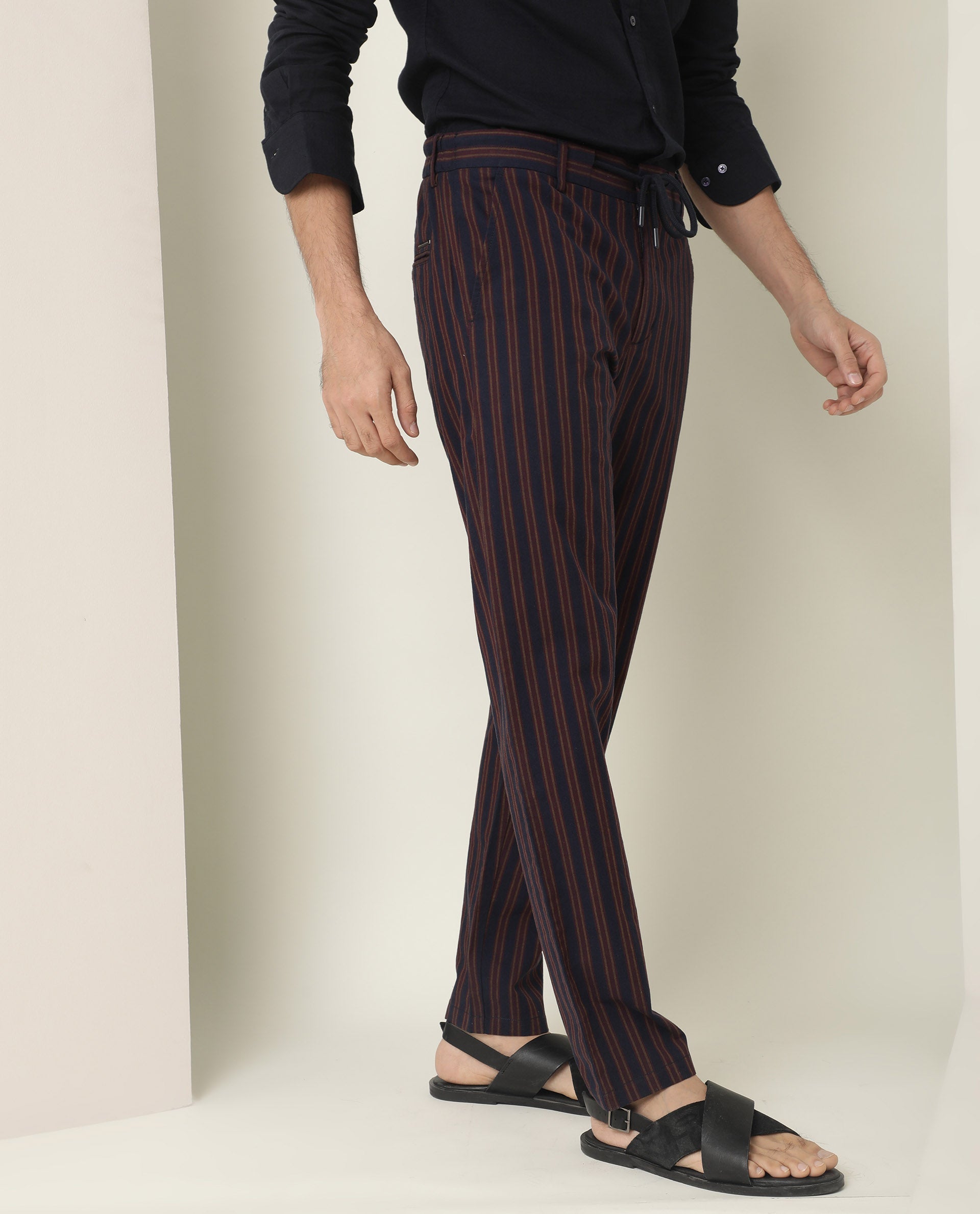 Rare Rabbit Men's Banny Navy Mid-Rise Regular Fit With Drawstring And Elastic Waistband Striped Trouser - view 6