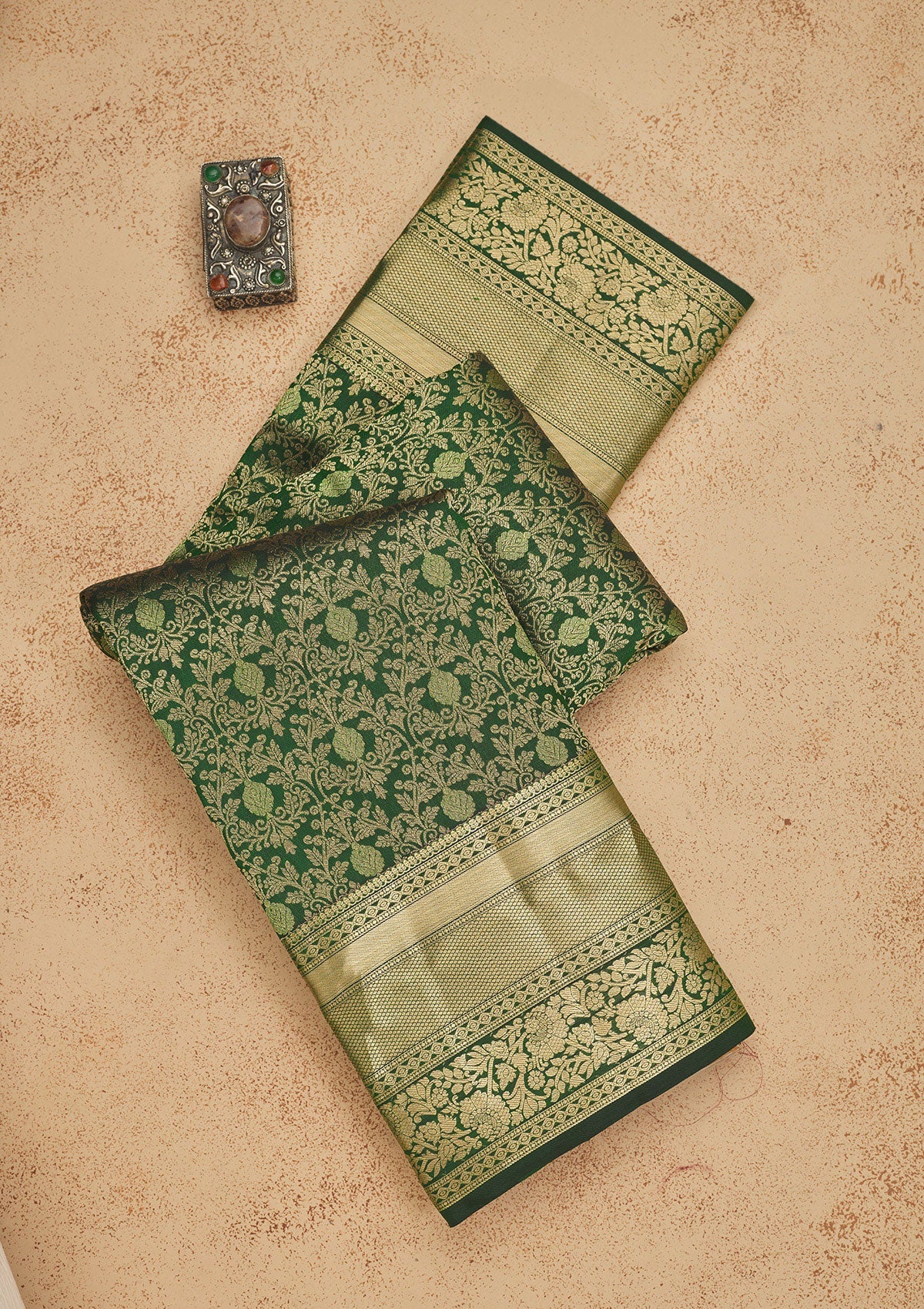 Koskii Bottle Green Zariwork Pure Silk Saree – Women's