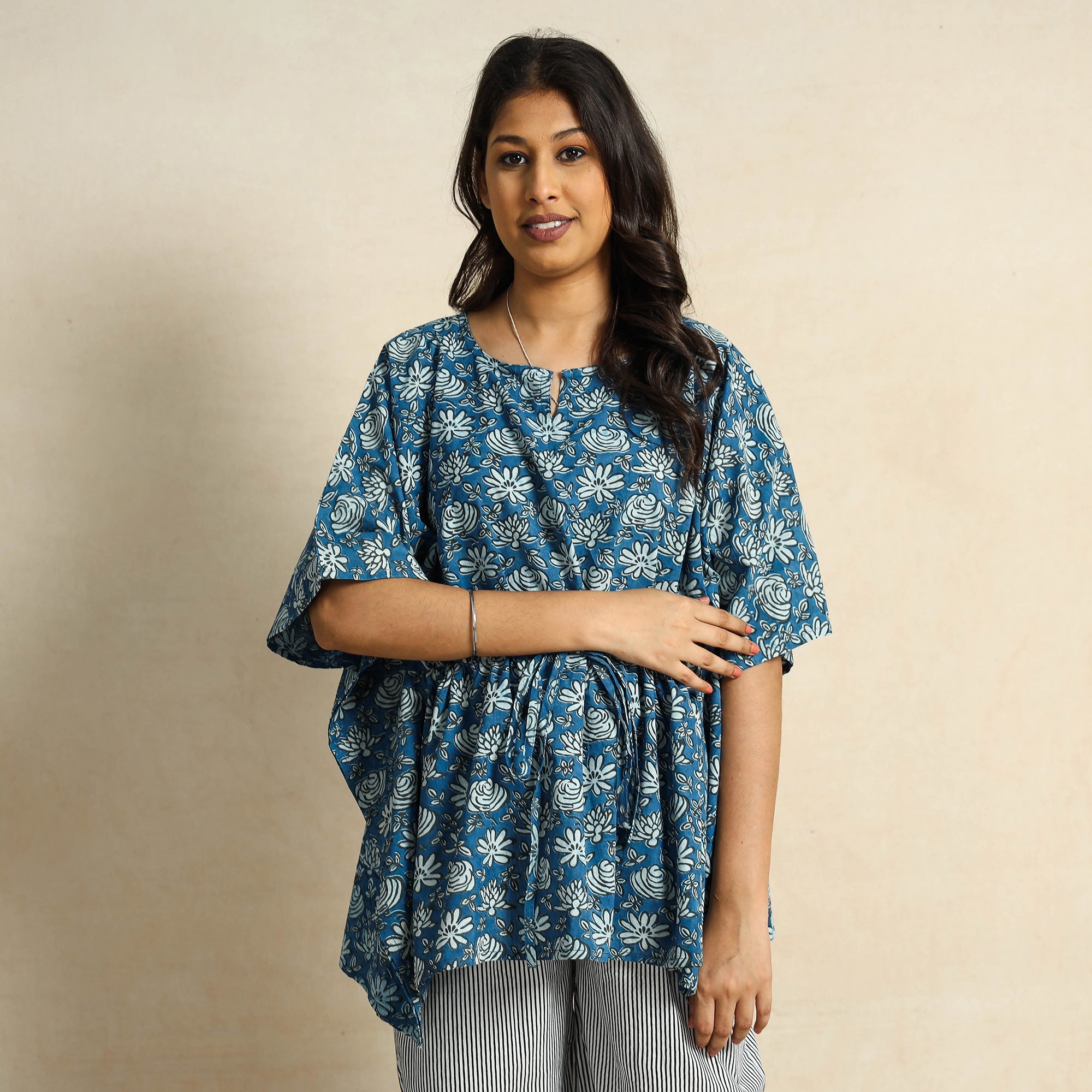 CHUTNEY CRAFT STUDIO Blue - Hand Block Printed Cotton Kaftan & Pyjama Night Suit Set - view 4