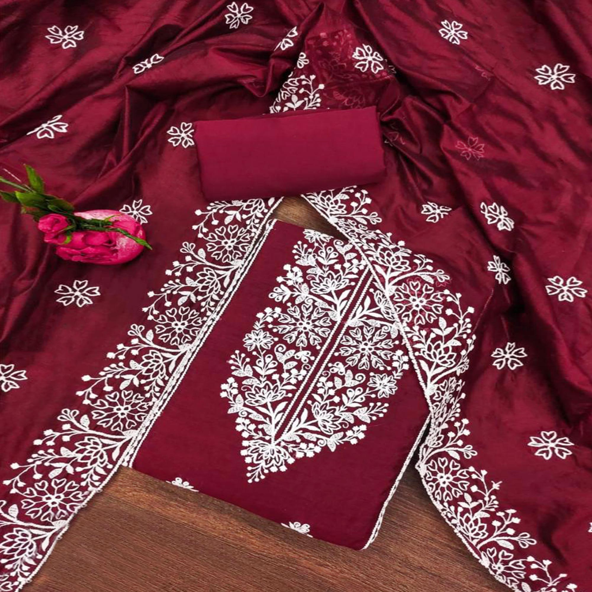 Peachmode Maroon Floral Embroidered Chanderi Silk Dress Material