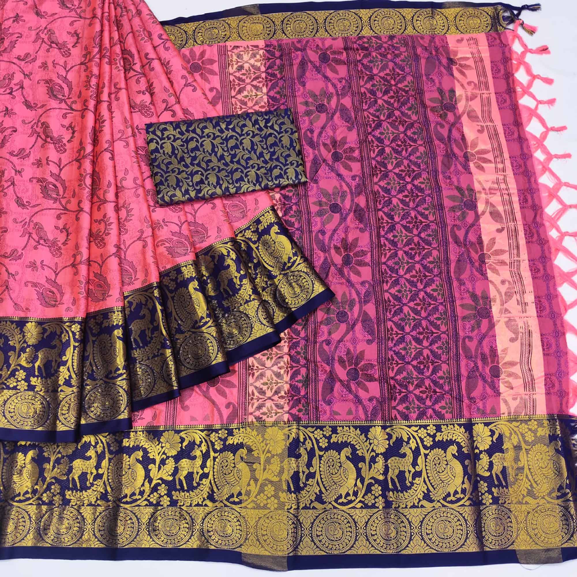 Peachmode Gajari Pink Printed With Woven Border Cotton Silk Saree - view 3