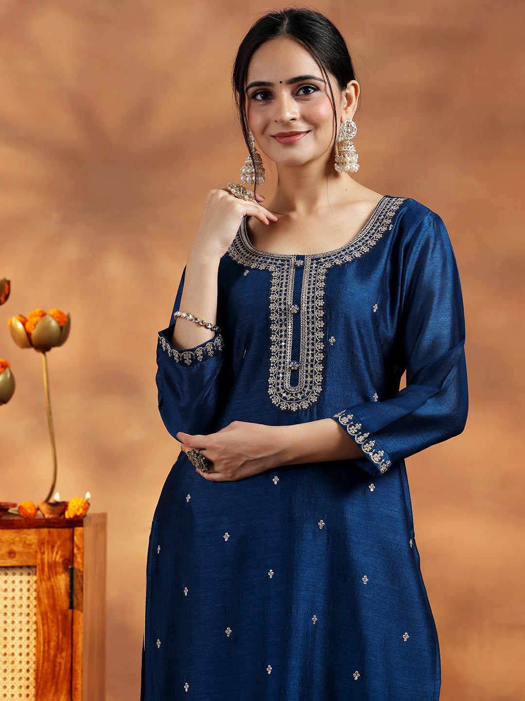 Libas Blue Embroidered Silk Straight Kurta - view 5