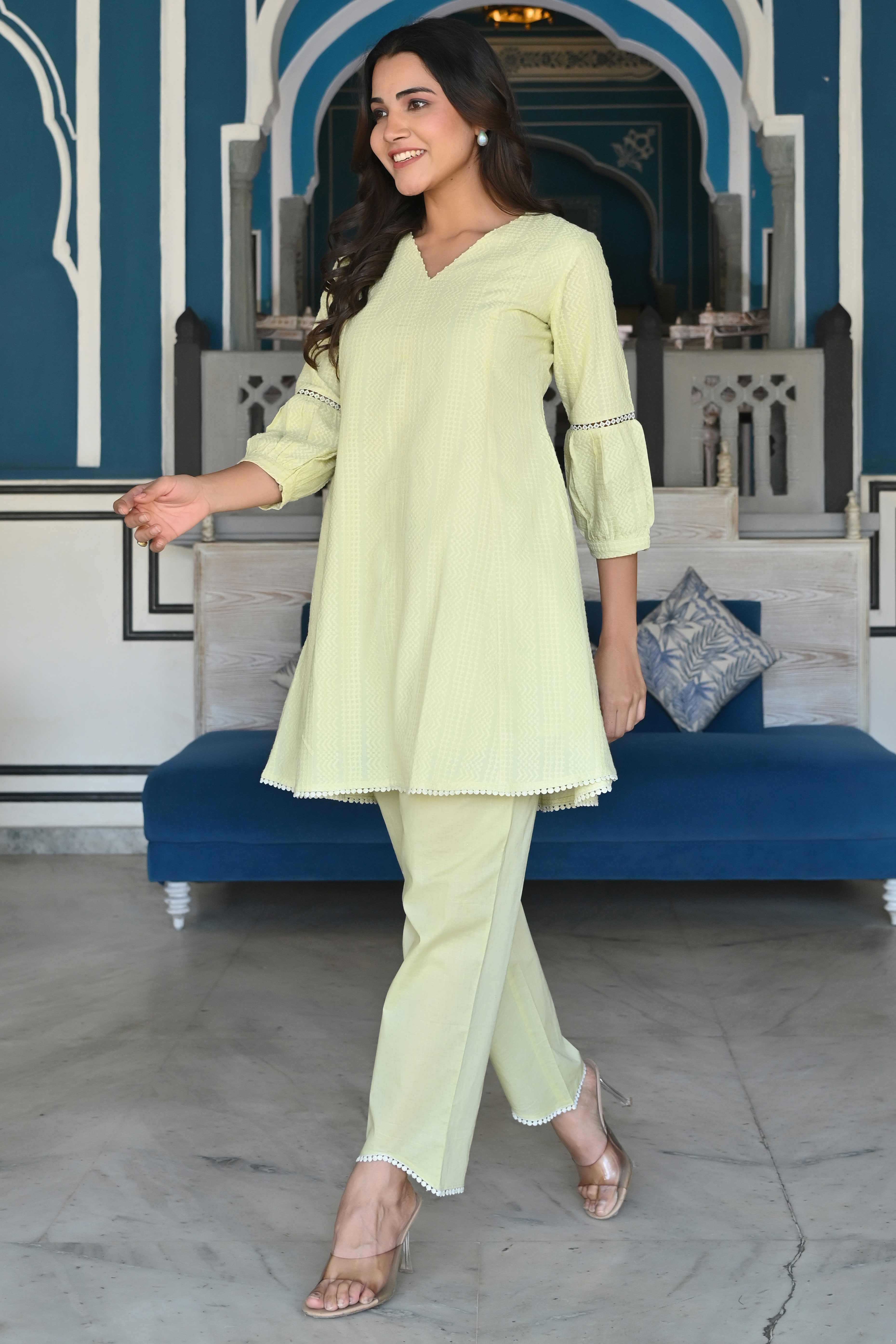 Peachmode Lemon Yellow Dobby Work Pure Cotton Co-Ord Set - view 4