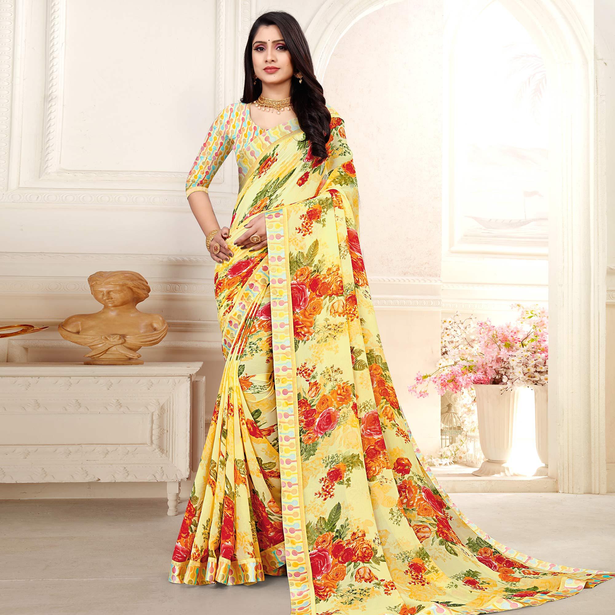 Peachmode Light Yellow Casaul Wear Floral Printed Georgette Saree With Satin Lace